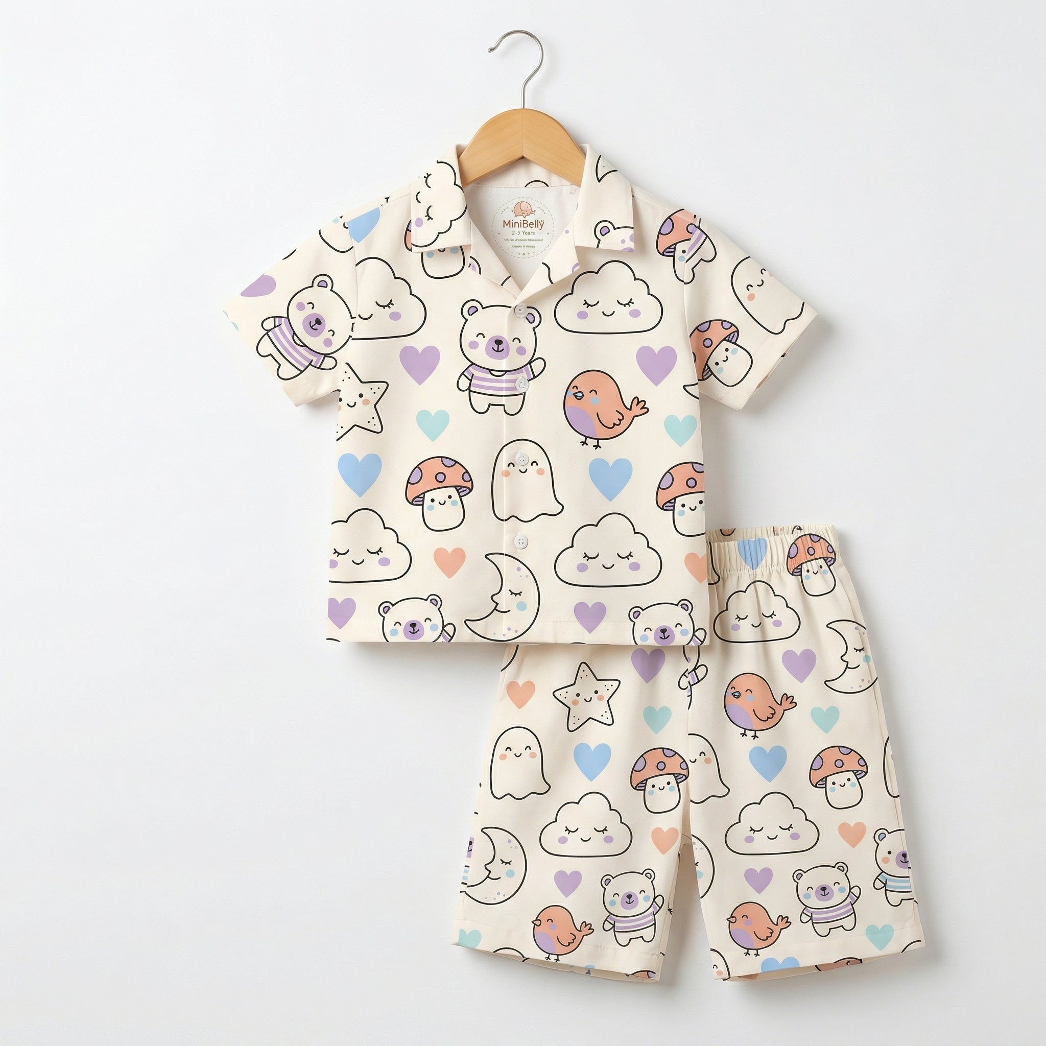MiniBelly Half Shirt Pant Co-ord Set Kawaii cartoon doodles with bears, clouds, ghosts, and celestial elements 100% Cotton - minibelly