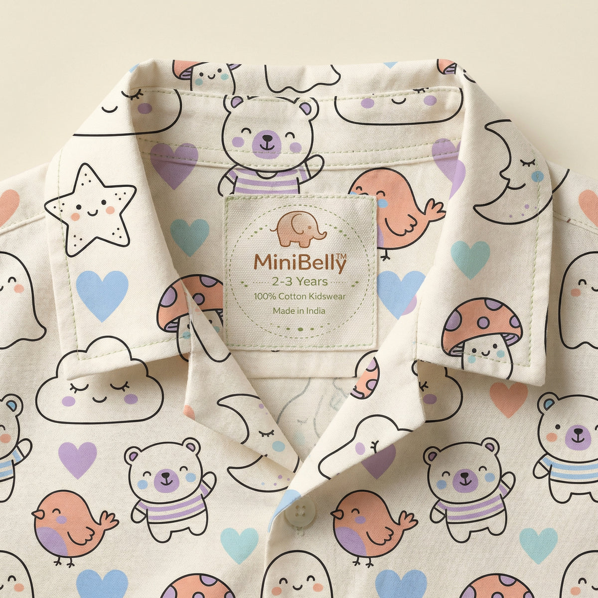 MiniBelly Half Shirt Pant Co-ord Set Kawaii cartoon doodles with bears, clouds, ghosts, and celestial elements 100% Cotton - minibelly