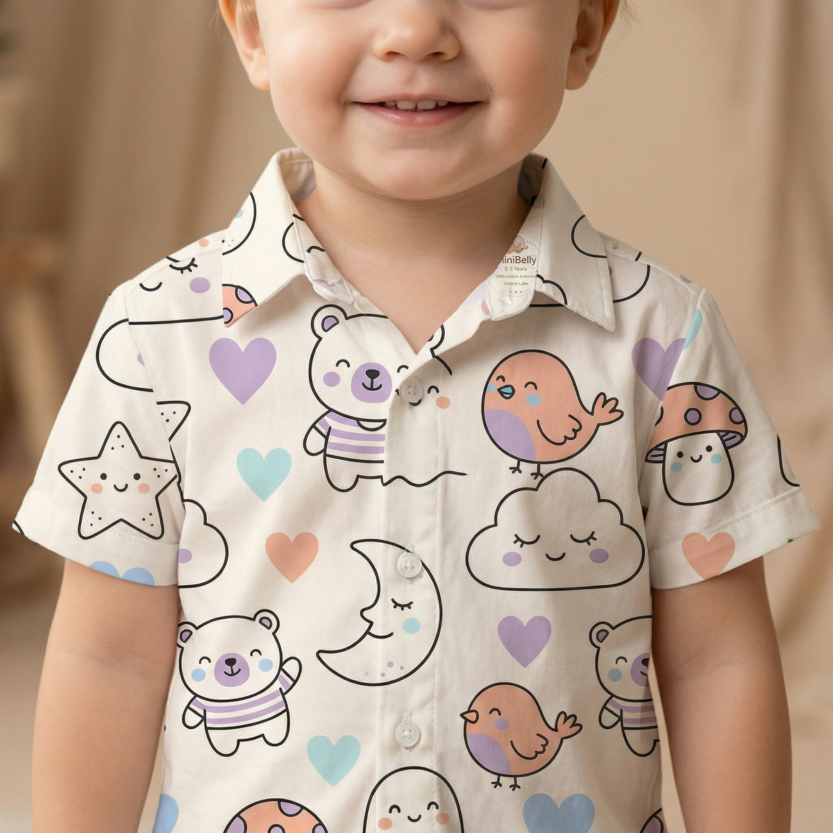MiniBelly Half Shirt Pant Co-ord Set Kawaii cartoon doodles with bears, clouds, ghosts, and celestial elements 100% Cotton - minibelly