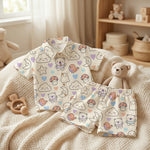 MiniBelly Half Shirt Pant Co-ord Set Kawaii cartoon doodles with bears, clouds, ghosts, and celestial elements 100% Cotton - minibelly