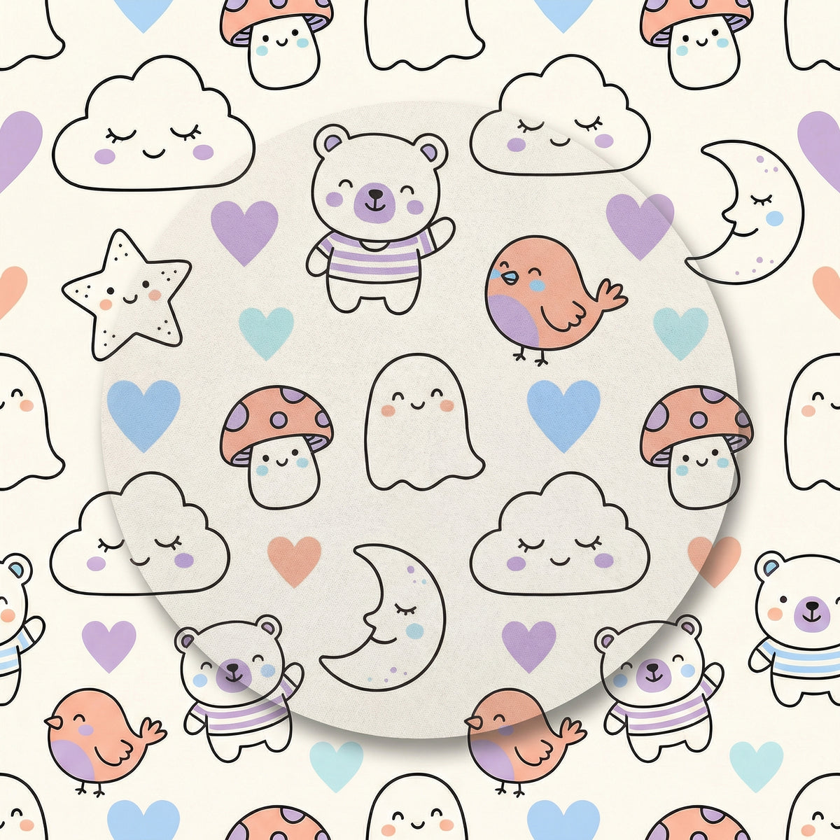 MiniBelly Half Shirt Pant Co-ord Set Kawaii cartoon doodles with bears, clouds, ghosts, and celestial elements 100% Cotton - minibelly