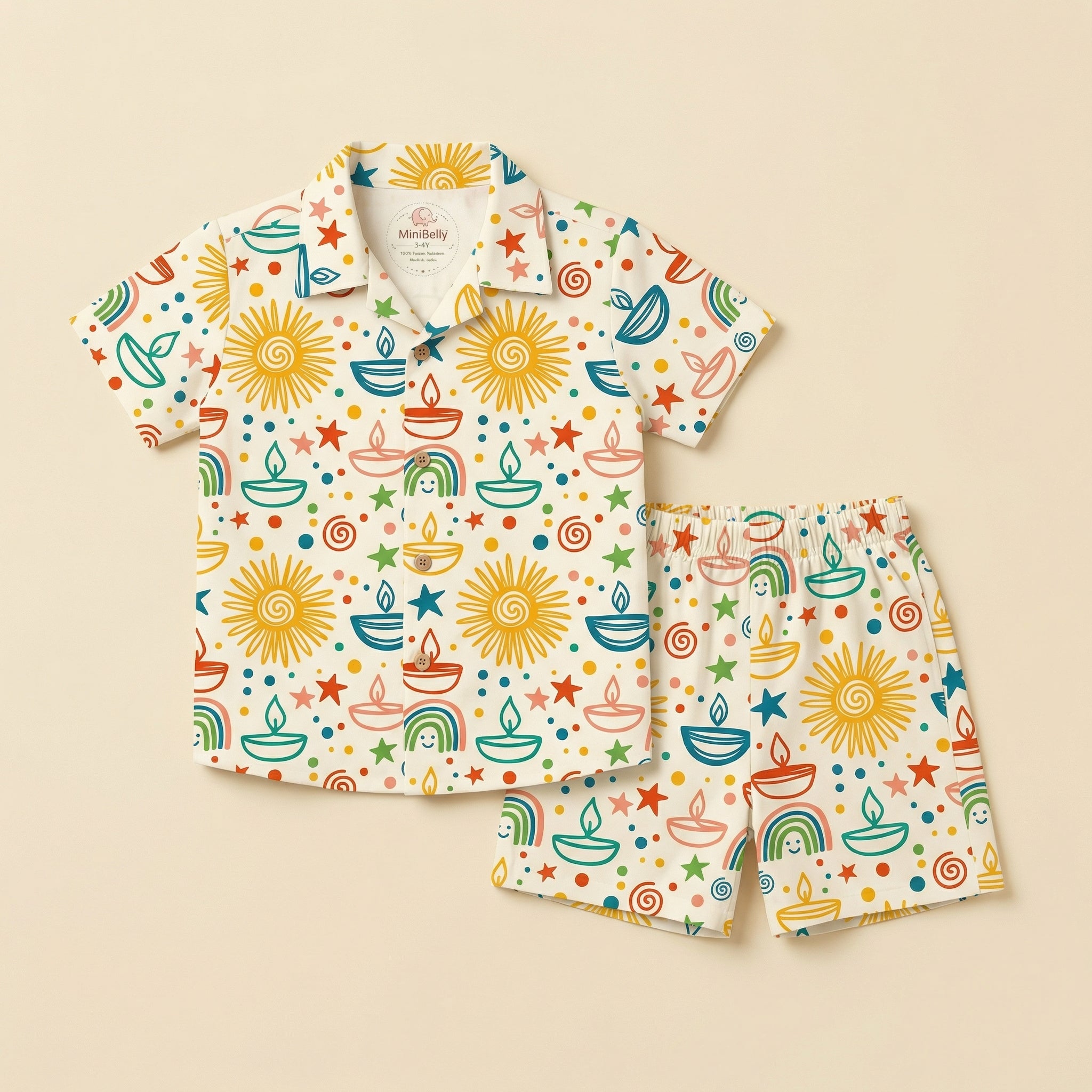 MiniBelly Half Shirt Pant Co-ord Set Colorful festive doodle pattern with suns, diyas, rainbows, and stars 100% Cotton - minibelly