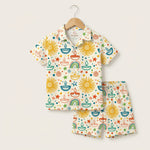 MiniBelly Half Shirt Pant Co-ord Set Colorful festive doodle pattern with suns, diyas, rainbows, and stars 100% Cotton - minibelly
