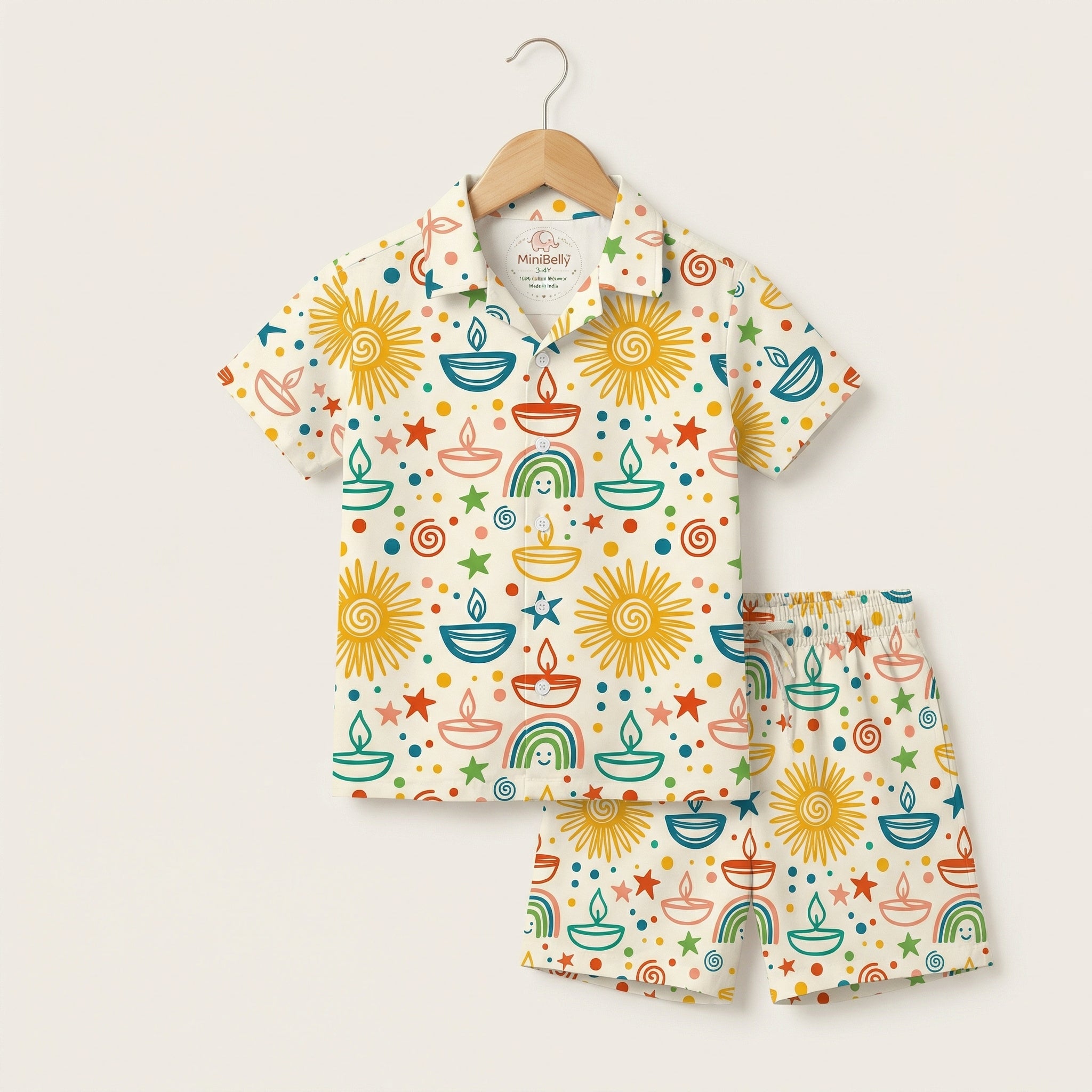 MiniBelly Half Shirt Pant Co-ord Set Colorful festive doodle pattern with suns, diyas, rainbows, and stars 100% Cotton - minibelly