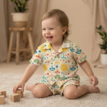 MiniBelly Half Shirt Pant Co-ord Set Colorful festive doodle pattern with suns, diyas, rainbows, and stars 100% Cotton - minibelly