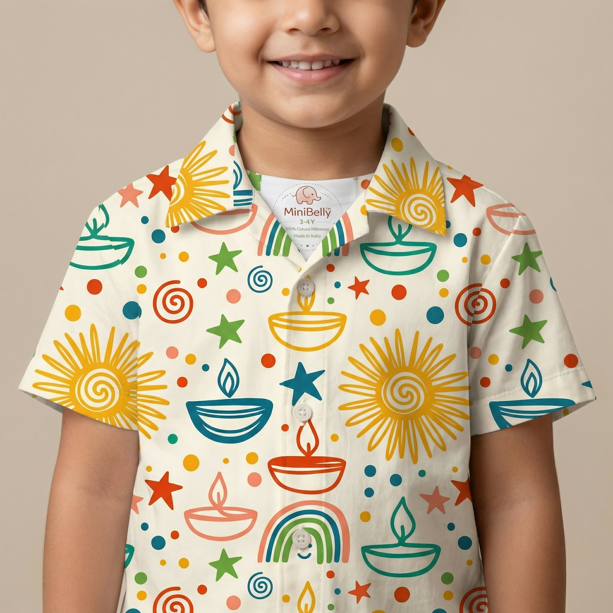 MiniBelly Half Shirt Pant Co-ord Set Colorful festive doodle pattern with suns, diyas, rainbows, and stars 100% Cotton - minibelly