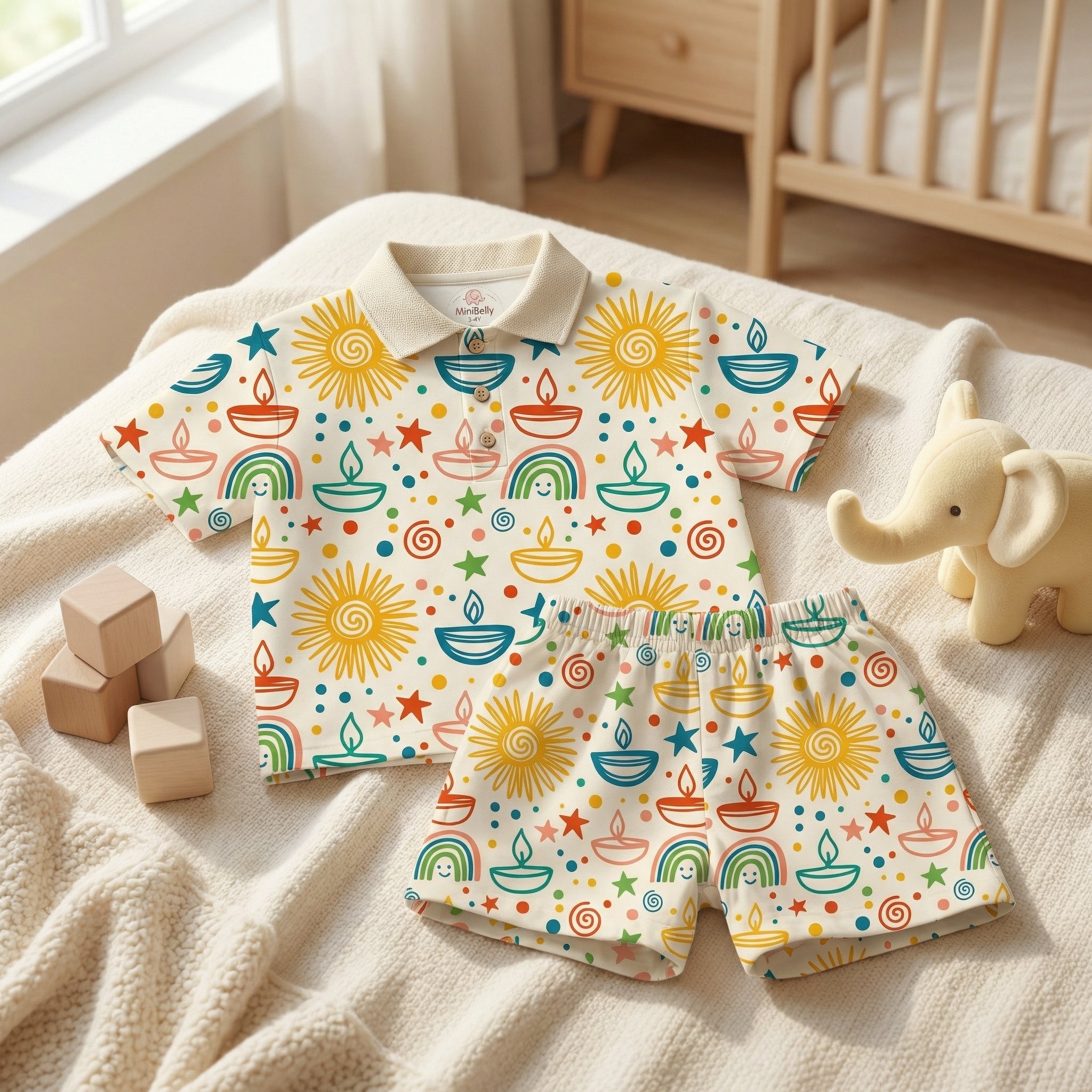 MiniBelly Half Shirt Pant Co-ord Set Colorful festive doodle pattern with suns, diyas, rainbows, and stars 100% Cotton - minibelly