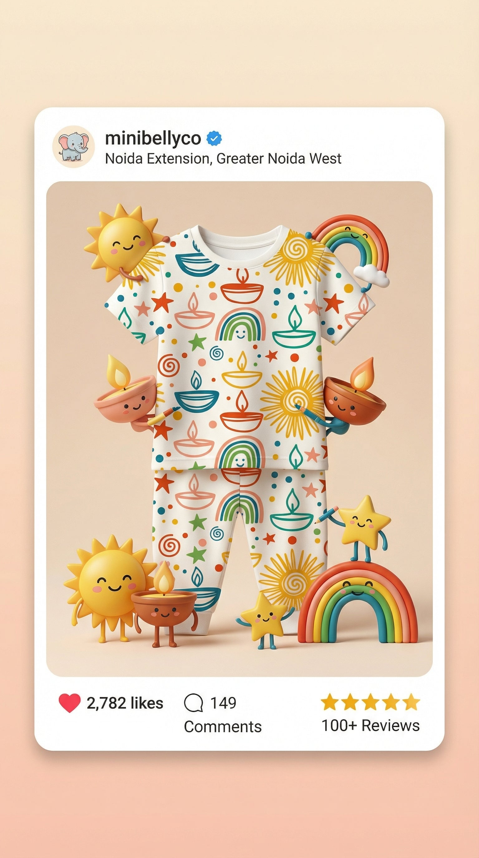 MiniBelly Half Shirt Pant Co-ord Set Colorful festive doodle pattern with suns, diyas, rainbows, and stars 100% Cotton - minibelly