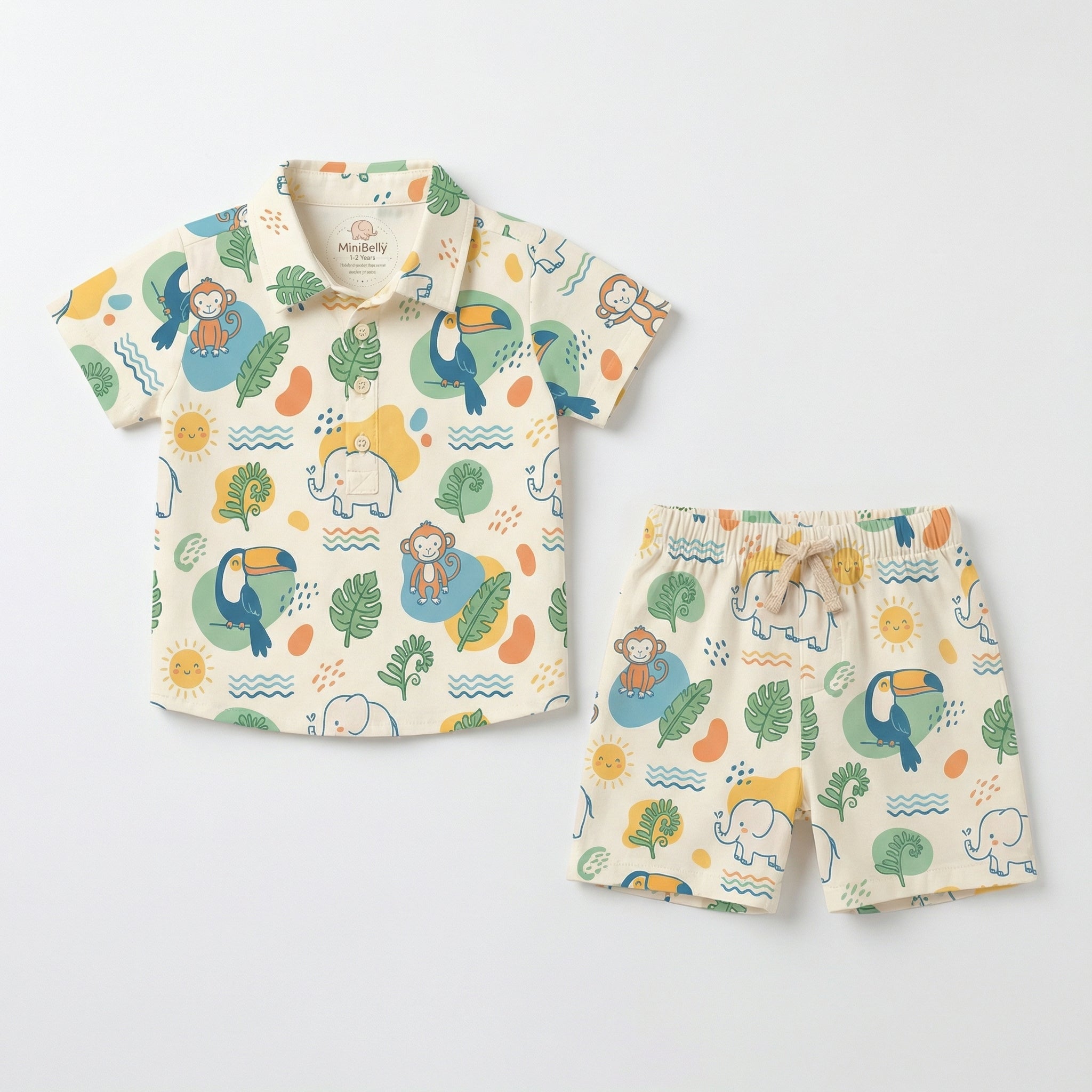 MiniBelly Half Shirt Pant Co-ord Set Cute cartoon jungle animals with tropical leaves and suns 100% Cotton - minibelly