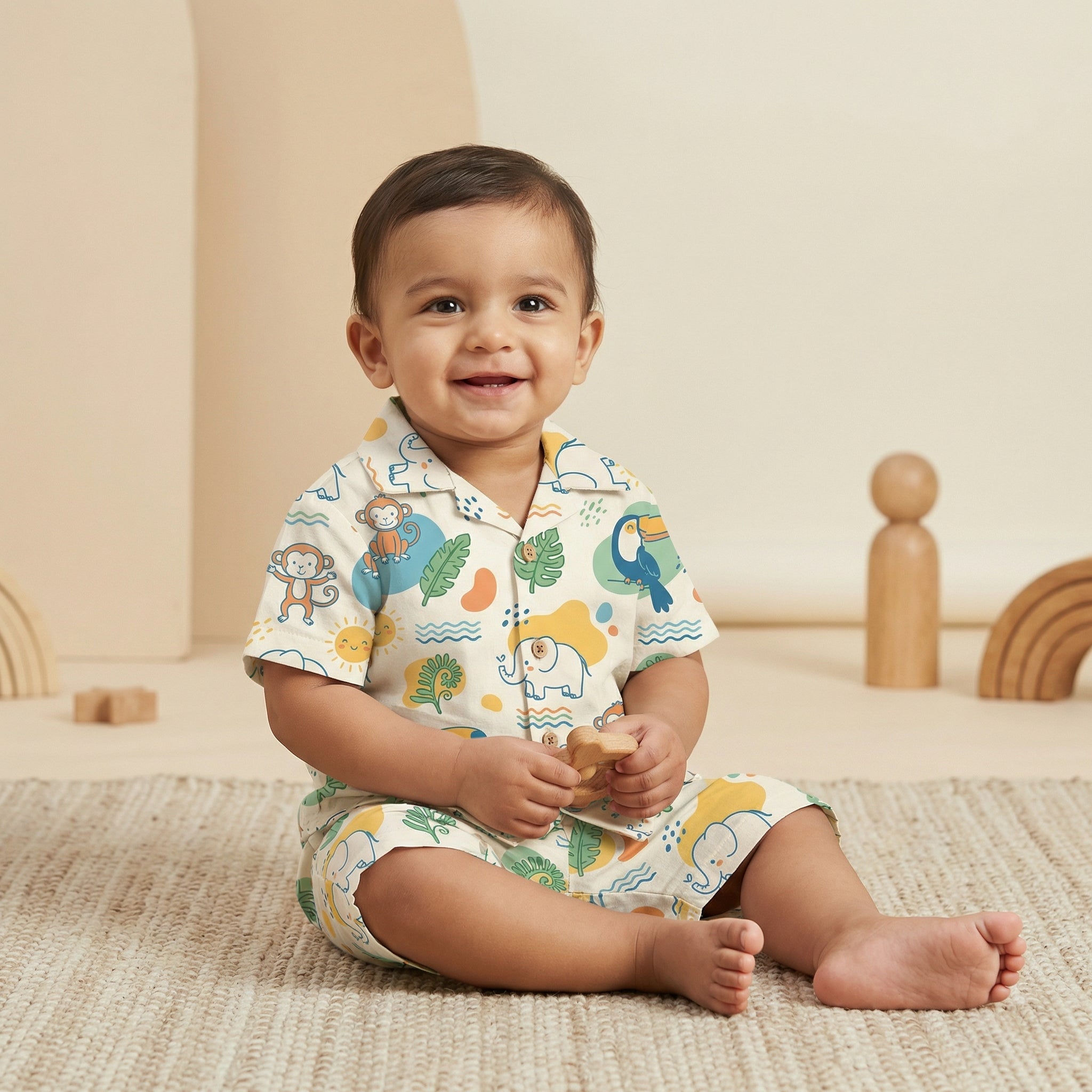 MiniBelly Half Shirt Pant Co-ord Set Cute cartoon jungle animals with tropical leaves and suns 100% Cotton - minibelly