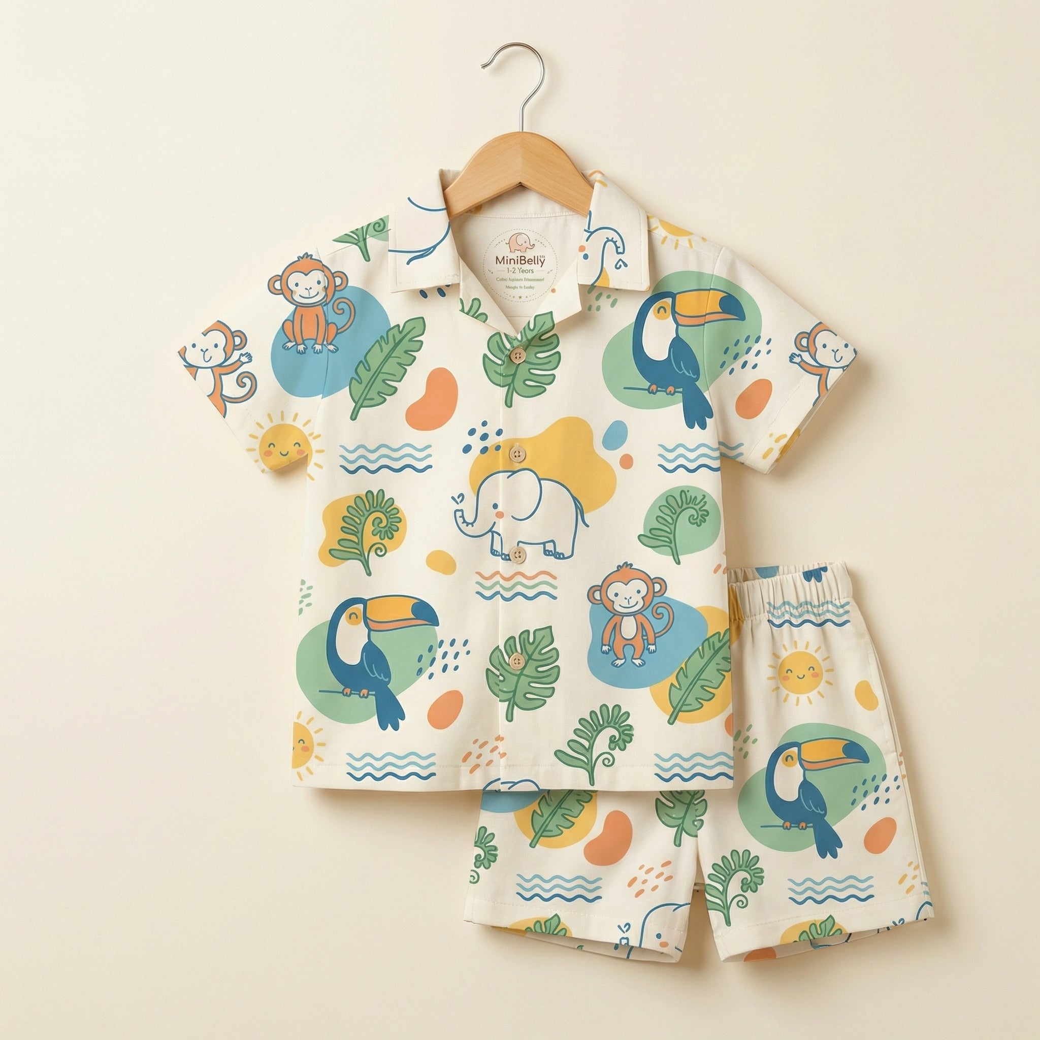 MiniBelly Half Shirt Pant Co-ord Set Cute cartoon jungle animals with tropical leaves and suns 100% Cotton - minibelly