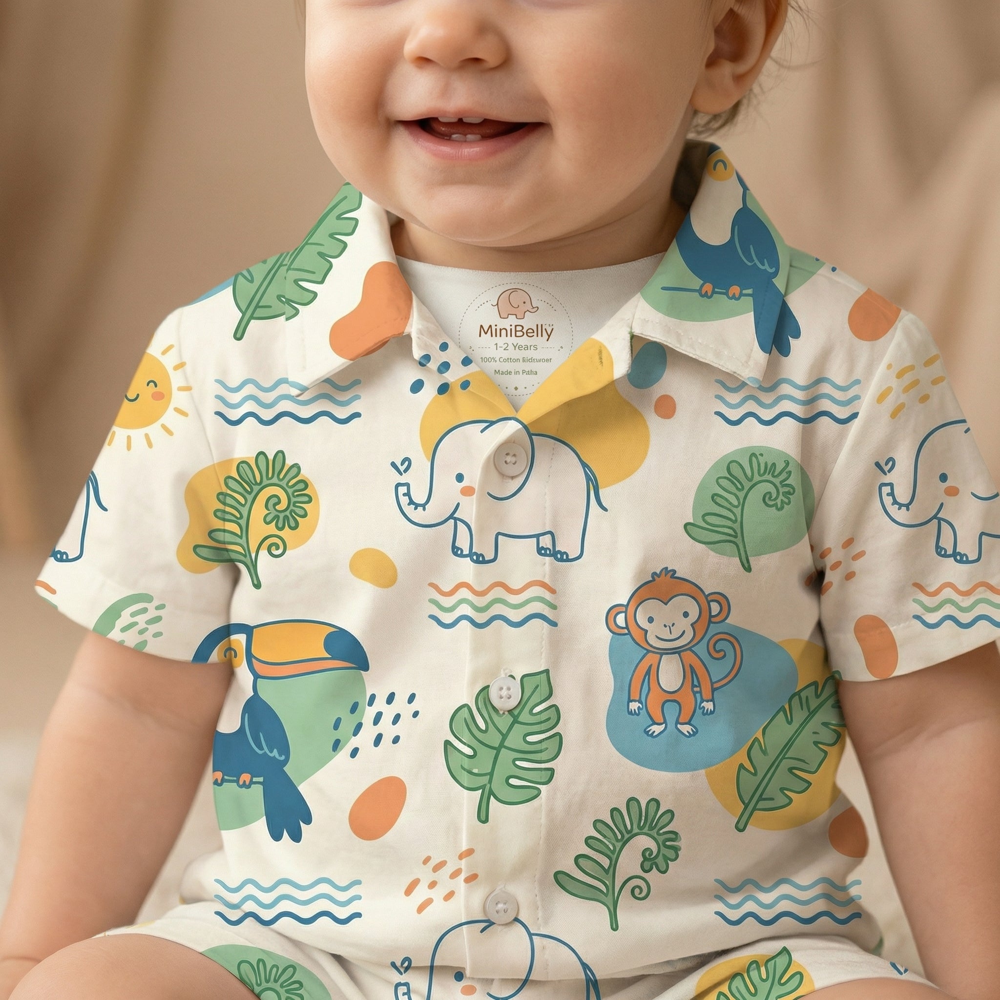 MiniBelly Half Shirt Pant Co-ord Set Cute cartoon jungle animals with tropical leaves and suns 100% Cotton - minibelly