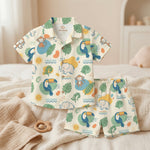 MiniBelly Half Shirt Pant Co-ord Set Cute cartoon jungle animals with tropical leaves and suns 100% Cotton - minibelly