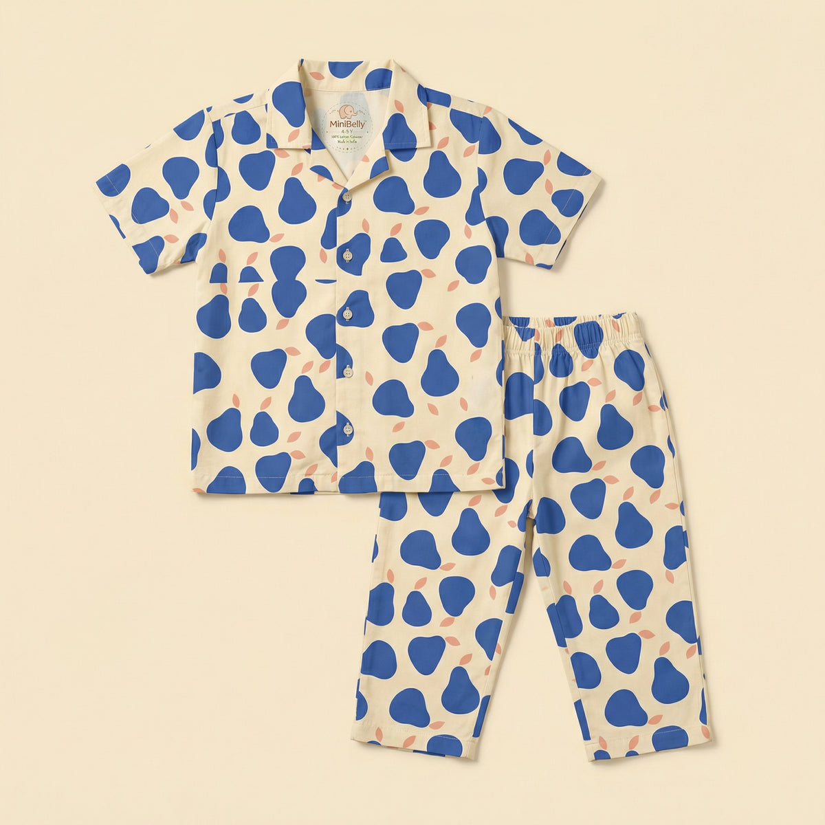 MiniBelly Half Shirt Pant Co-ord Set Stylized blue pears with coral leaves on cream background 100% Cotton - minibelly
