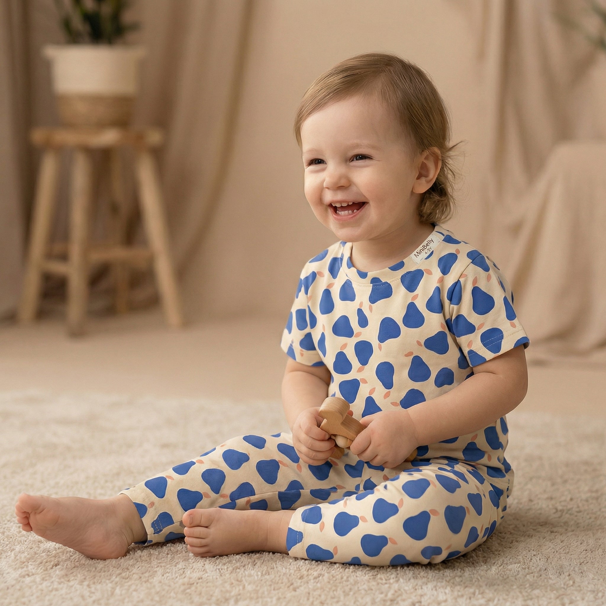 MiniBelly Half Shirt Pant Co-ord Set Stylized blue pears with coral leaves on cream background 100% Cotton - minibelly