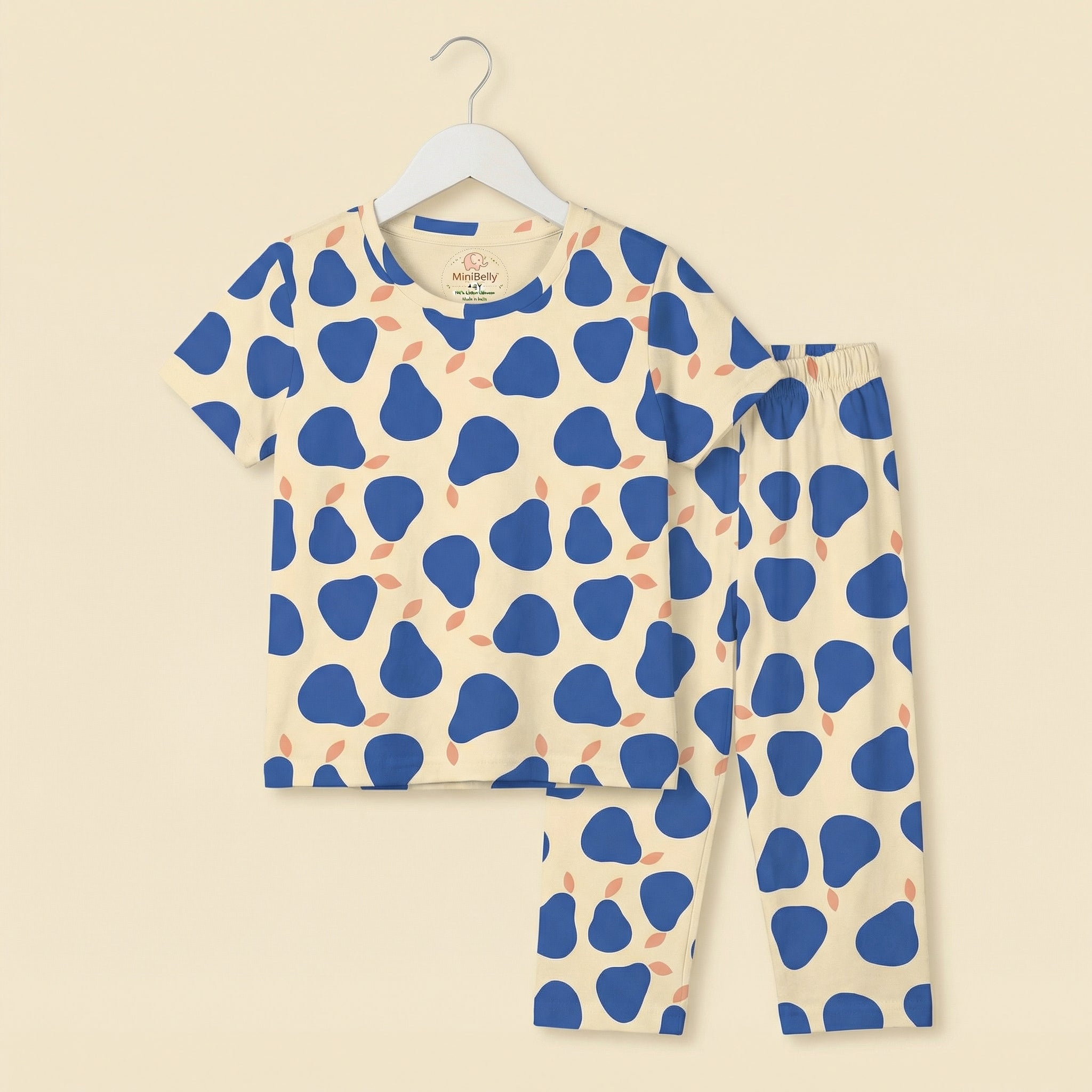 MiniBelly Half Shirt Pant Co-ord Set Stylized blue pears with coral leaves on cream background 100% Cotton - minibelly