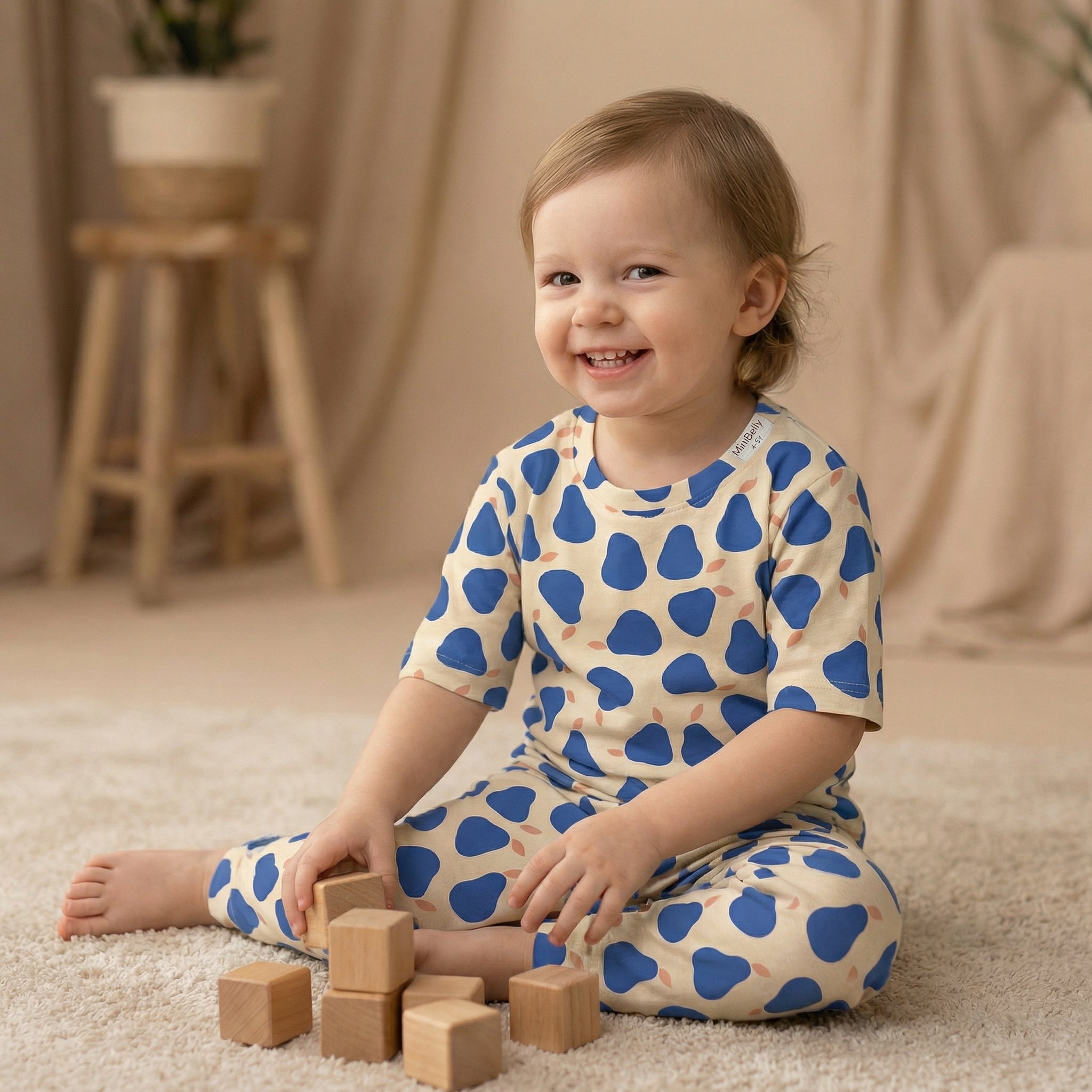 MiniBelly Half Shirt Pant Co-ord Set Stylized blue pears with coral leaves on cream background 100% Cotton - minibelly