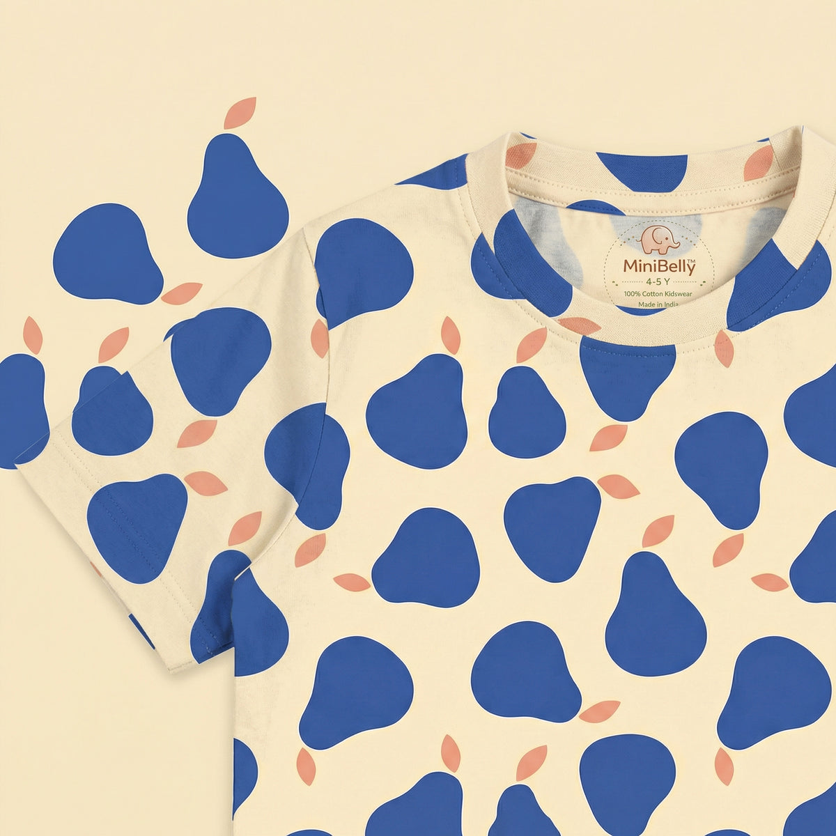 MiniBelly Half Shirt Pant Co-ord Set Stylized blue pears with coral leaves on cream background 100% Cotton - minibelly