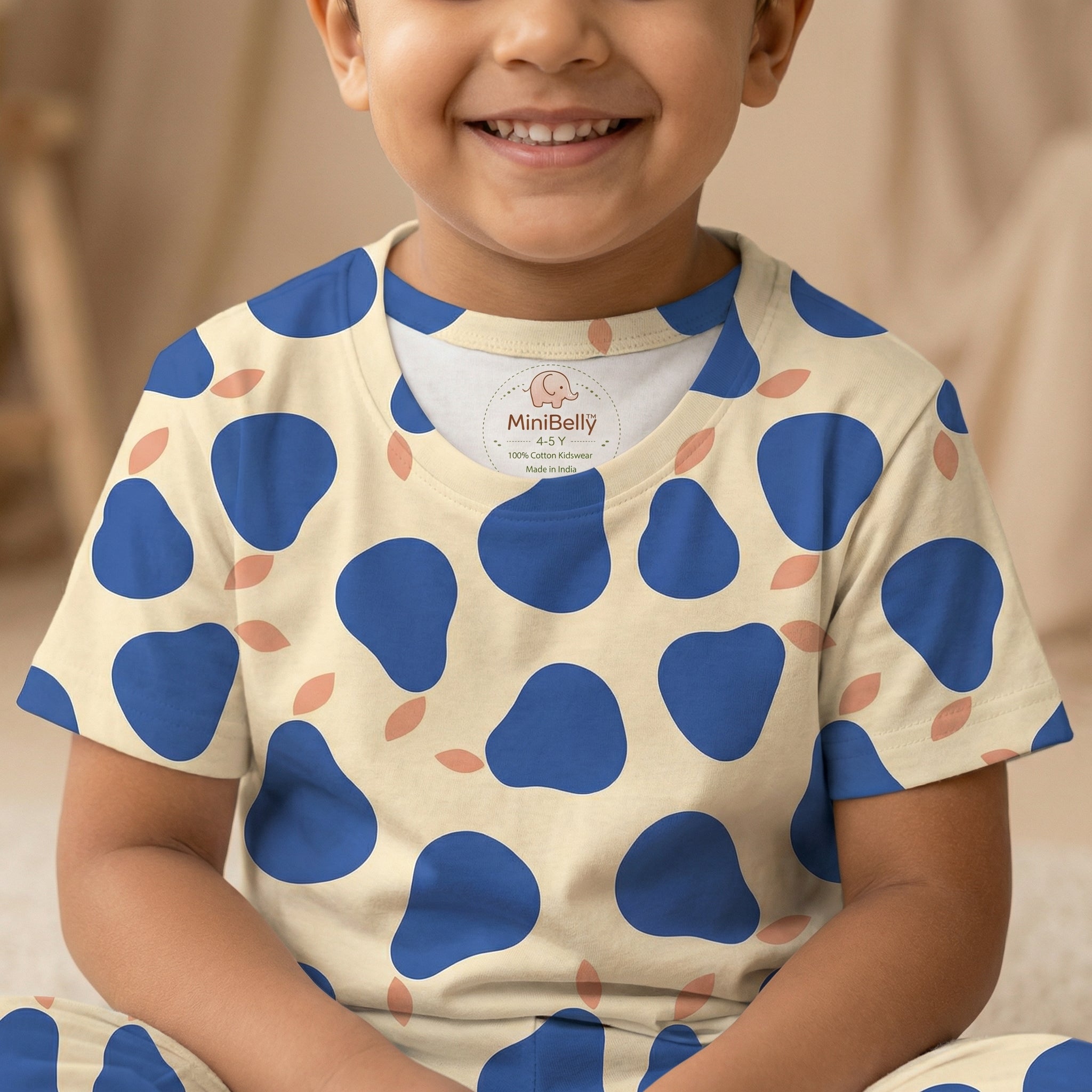 MiniBelly Half Shirt Pant Co-ord Set Stylized blue pears with coral leaves on cream background 100% Cotton - minibelly