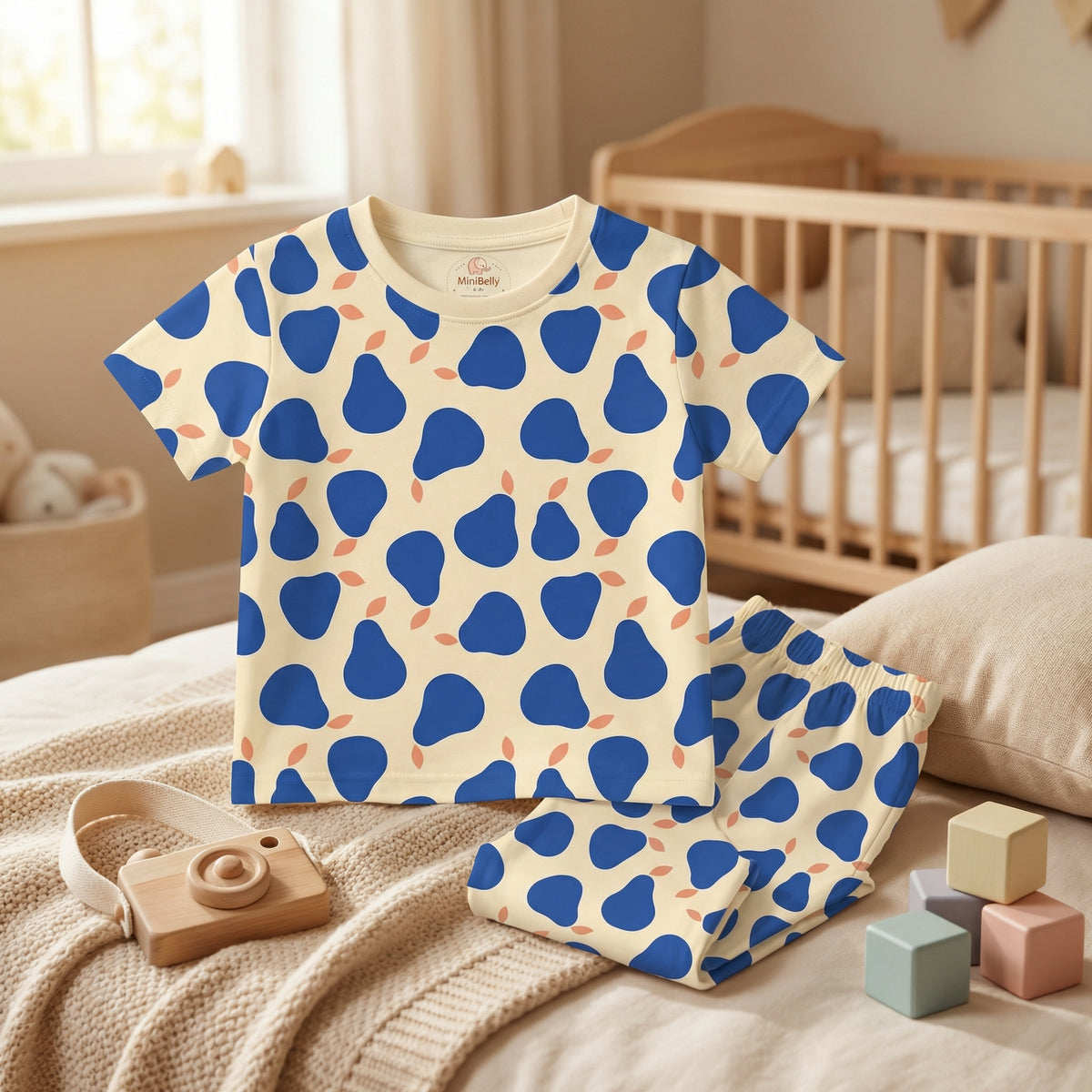 MiniBelly Half Shirt Pant Co-ord Set Stylized blue pears with coral leaves on cream background 100% Cotton - minibelly