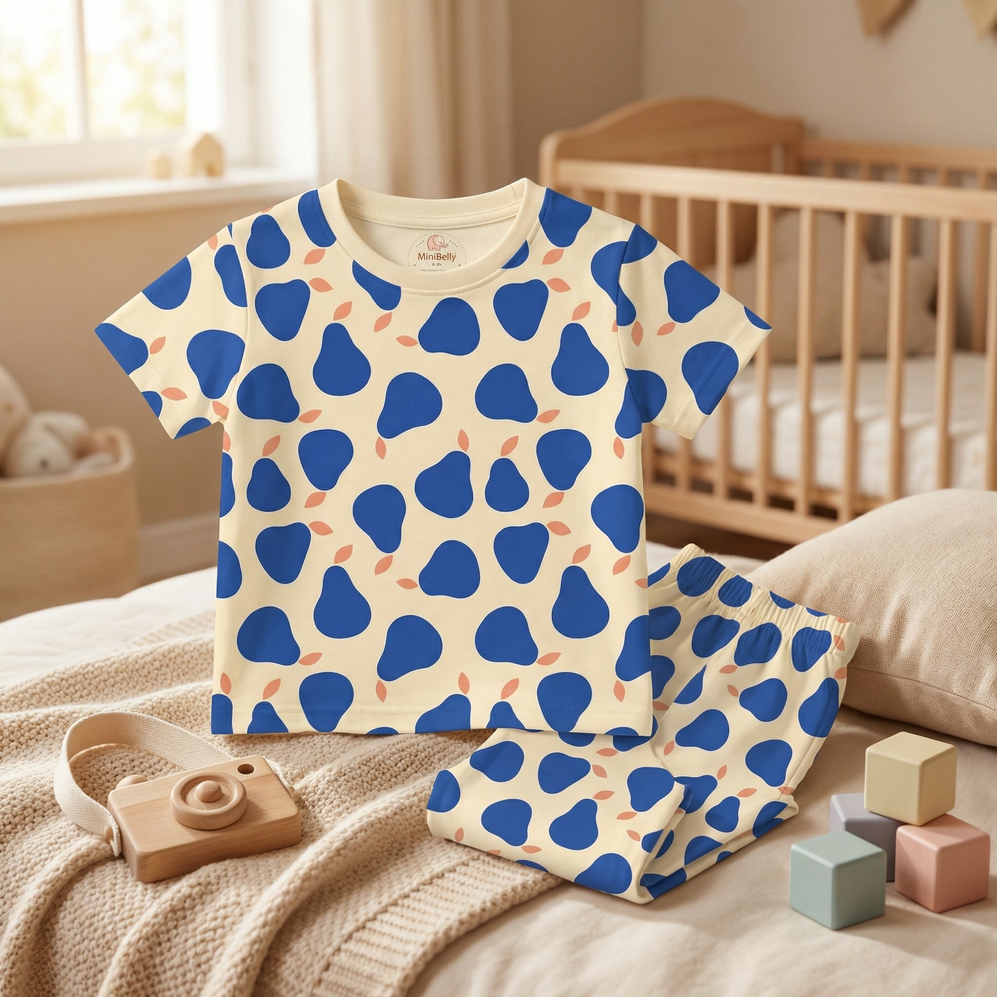 MiniBelly Half Shirt Pant Co-ord Set Stylized blue pears with coral leaves on cream background 100% Cotton - minibelly