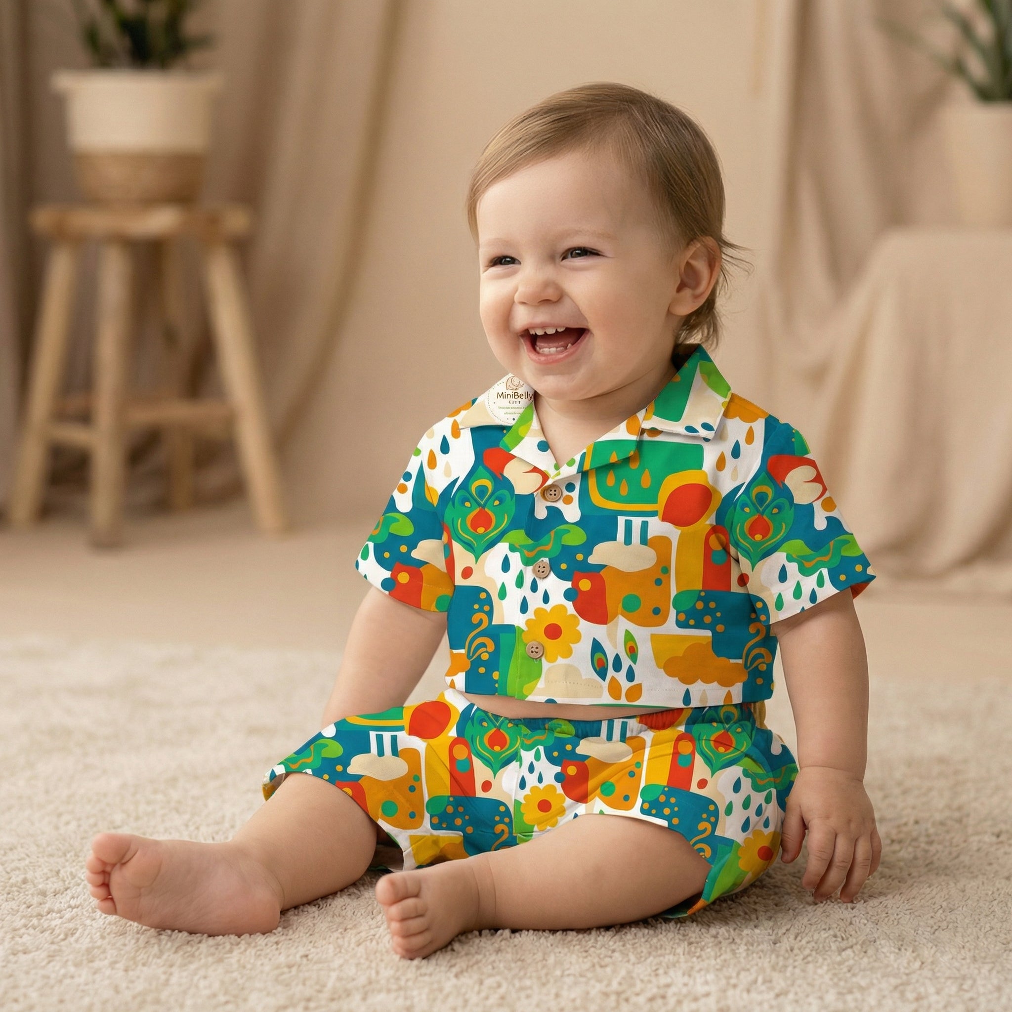 MiniBelly 100% Cotton Half Shirt Pants Set-No Itchy Tags-Soft Fabric-Premium Print-Solid-Cream-For Infants - minibelly