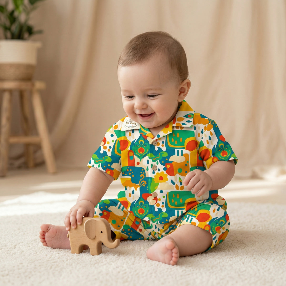 MiniBelly 100% Cotton Half Shirt Pants Set-No Itchy Tags-Soft Fabric-Premium Print-Solid-Cream-For Infants - minibelly