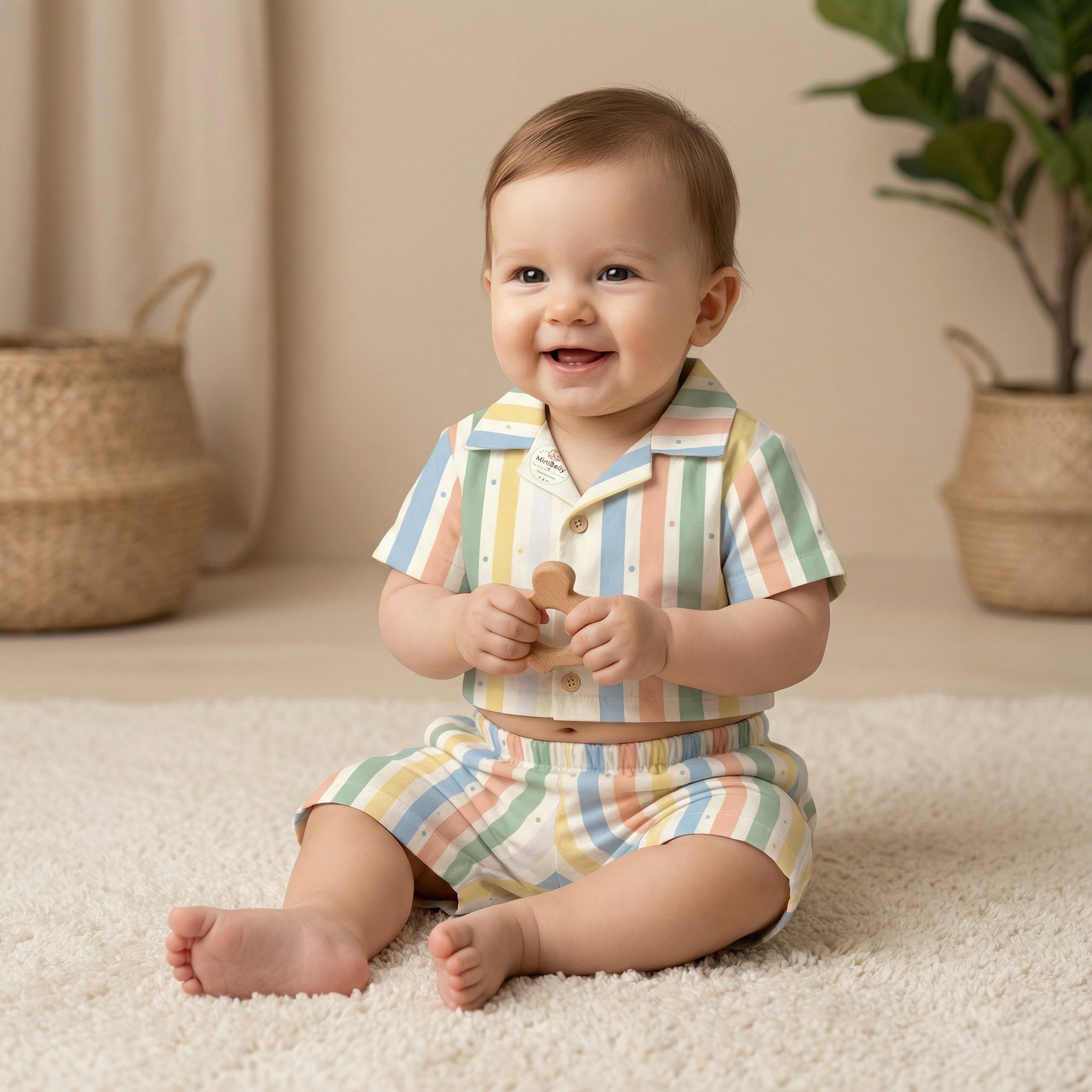 MiniBelly 100% Cotton Half Shirt Pants Set - 100% Cotton - Check Dobby 60*60  Soft Fabric-Premium Print-Solid-Cream-For Infants - minibelly