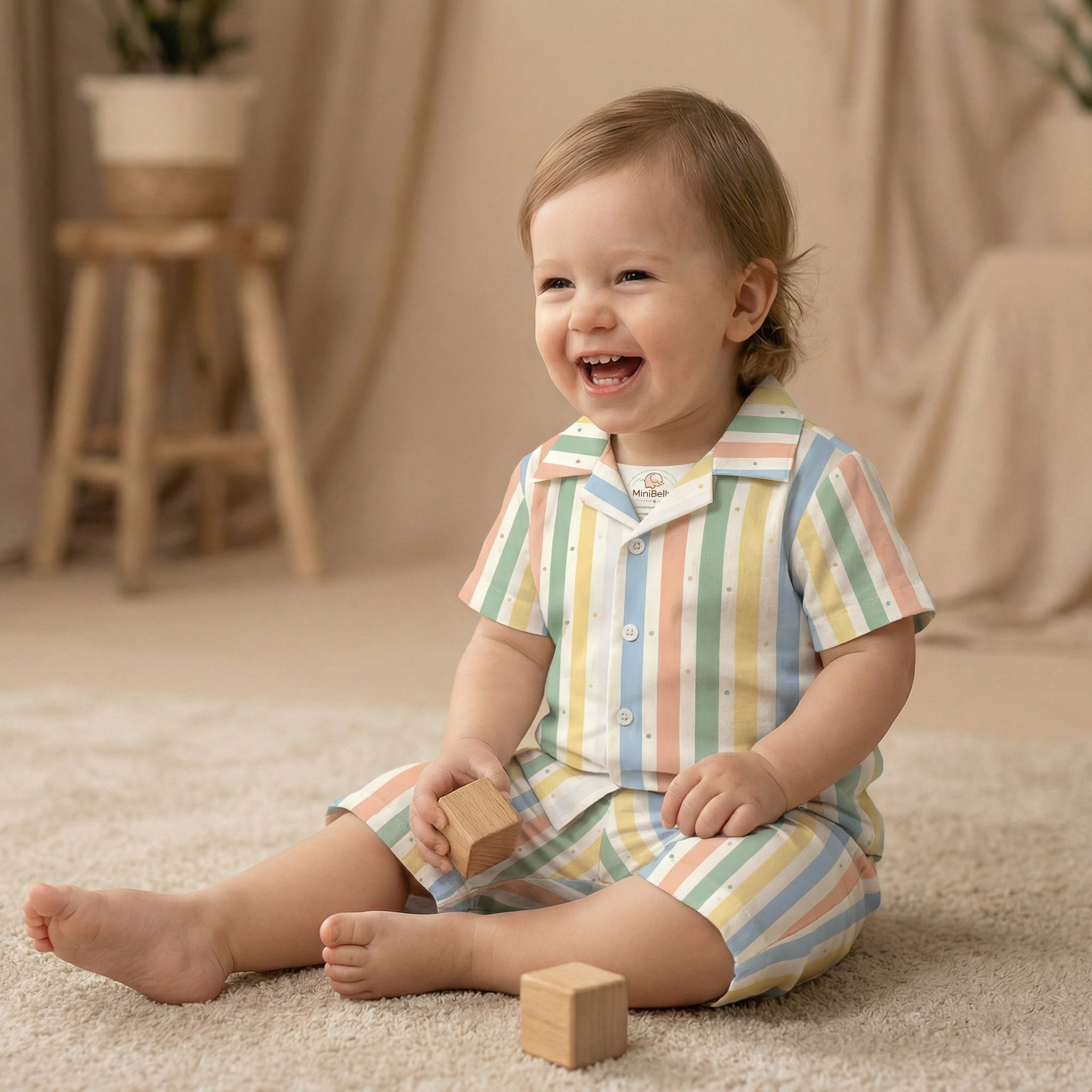 MiniBelly 100% Cotton Half Shirt Pants Set - 100% Cotton - Check Dobby 60*60  Soft Fabric-Premium Print-Solid-Cream-For Infants - minibelly