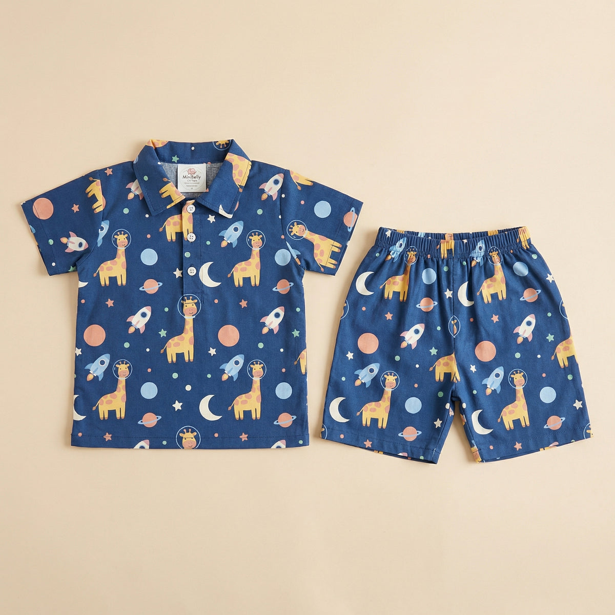MiniBelly Half Shirt Pant Co-ord Set Cute astronaut giraffes, rockets, moons and planets space pattern 100% Cotton - minibelly