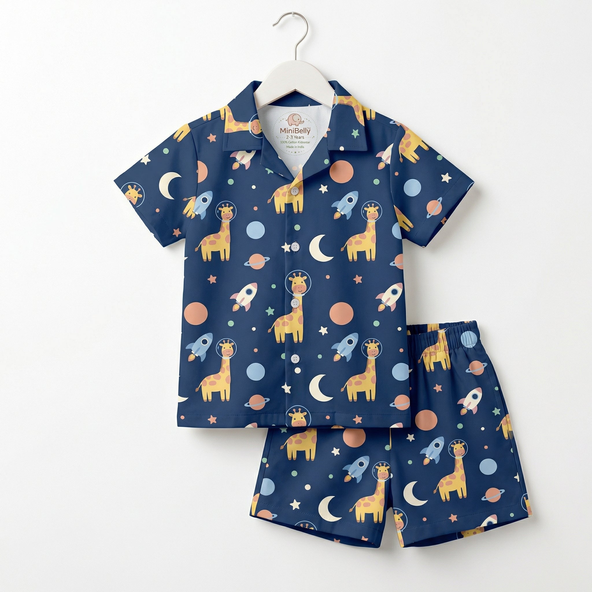 MiniBelly Half Shirt Pant Co-ord Set Cute astronaut giraffes, rockets, moons and planets space pattern 100% Cotton - minibelly