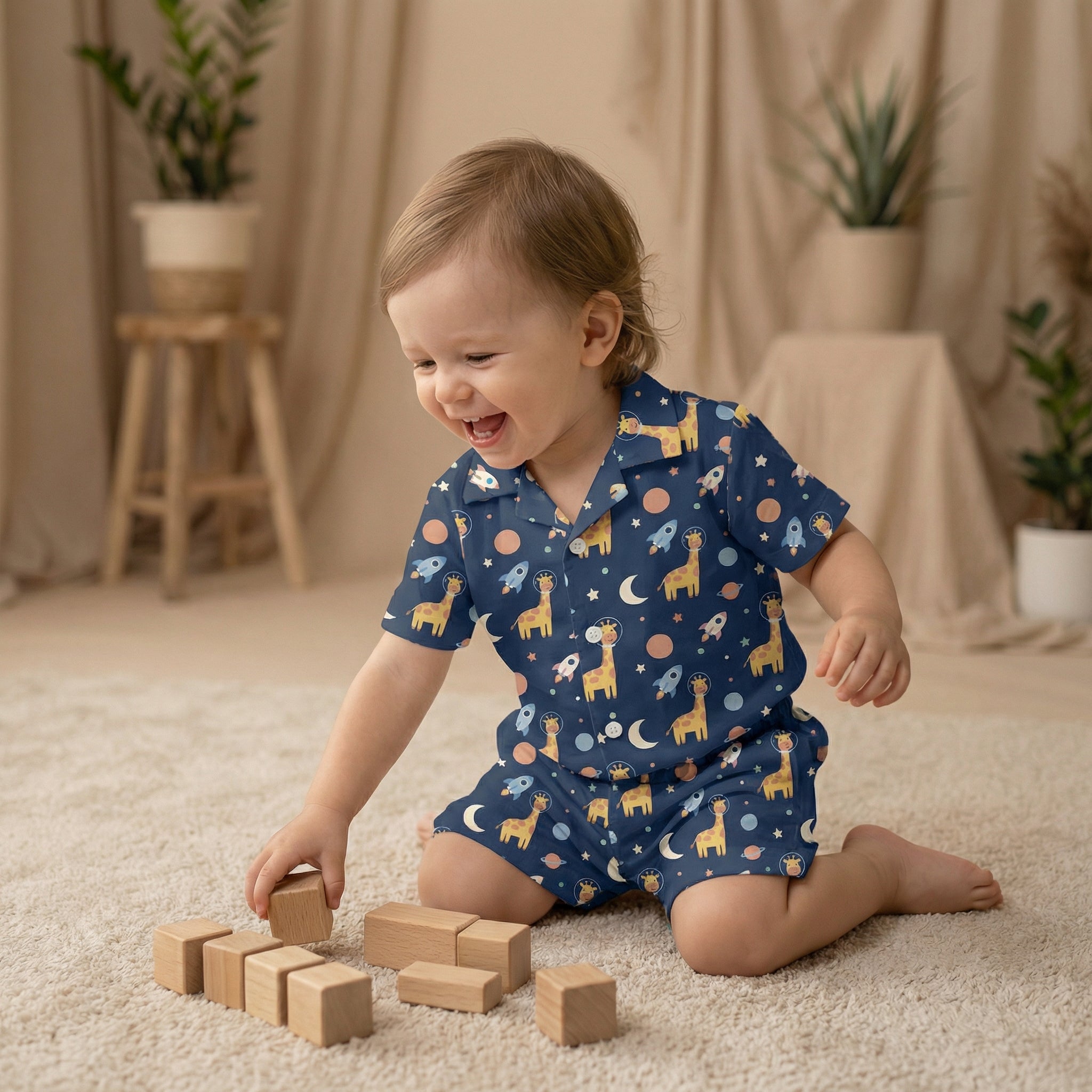 MiniBelly Half Shirt Pant Co-ord Set Cute astronaut giraffes, rockets, moons and planets space pattern 100% Cotton - minibelly