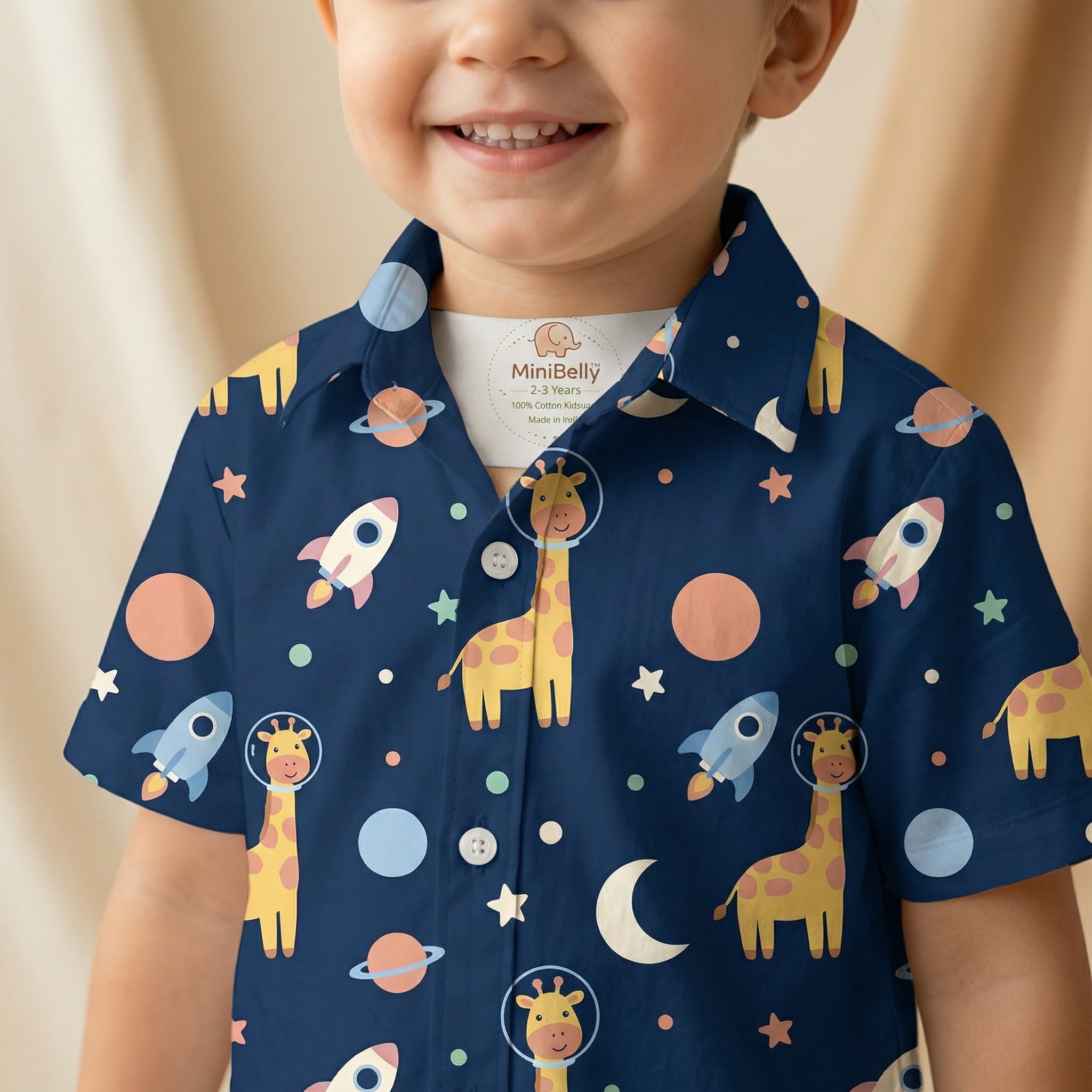 MiniBelly Half Shirt Pant Co-ord Set Cute astronaut giraffes, rockets, moons and planets space pattern 100% Cotton - minibelly