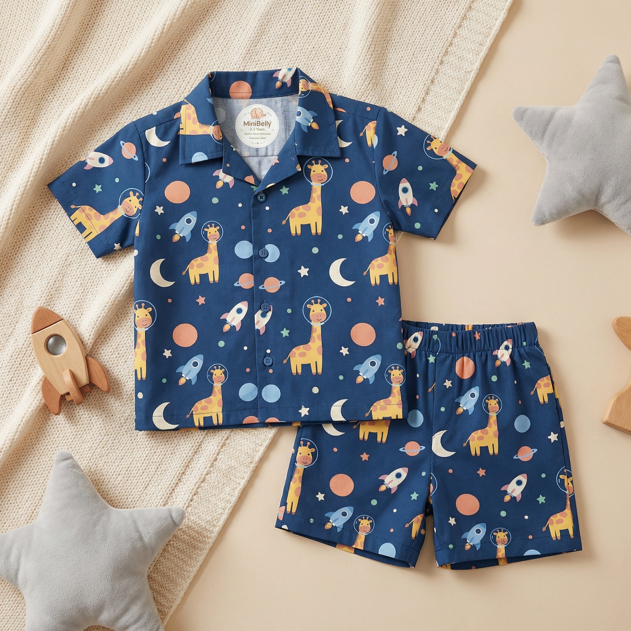 MiniBelly Half Shirt Pant Co-ord Set Cute astronaut giraffes, rockets, moons and planets space pattern 100% Cotton - minibelly