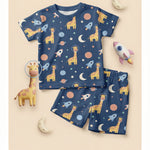 MiniBelly Half Shirt Pant Co-ord Set Cute astronaut giraffes, rockets, moons and planets space pattern 100% Cotton - minibelly