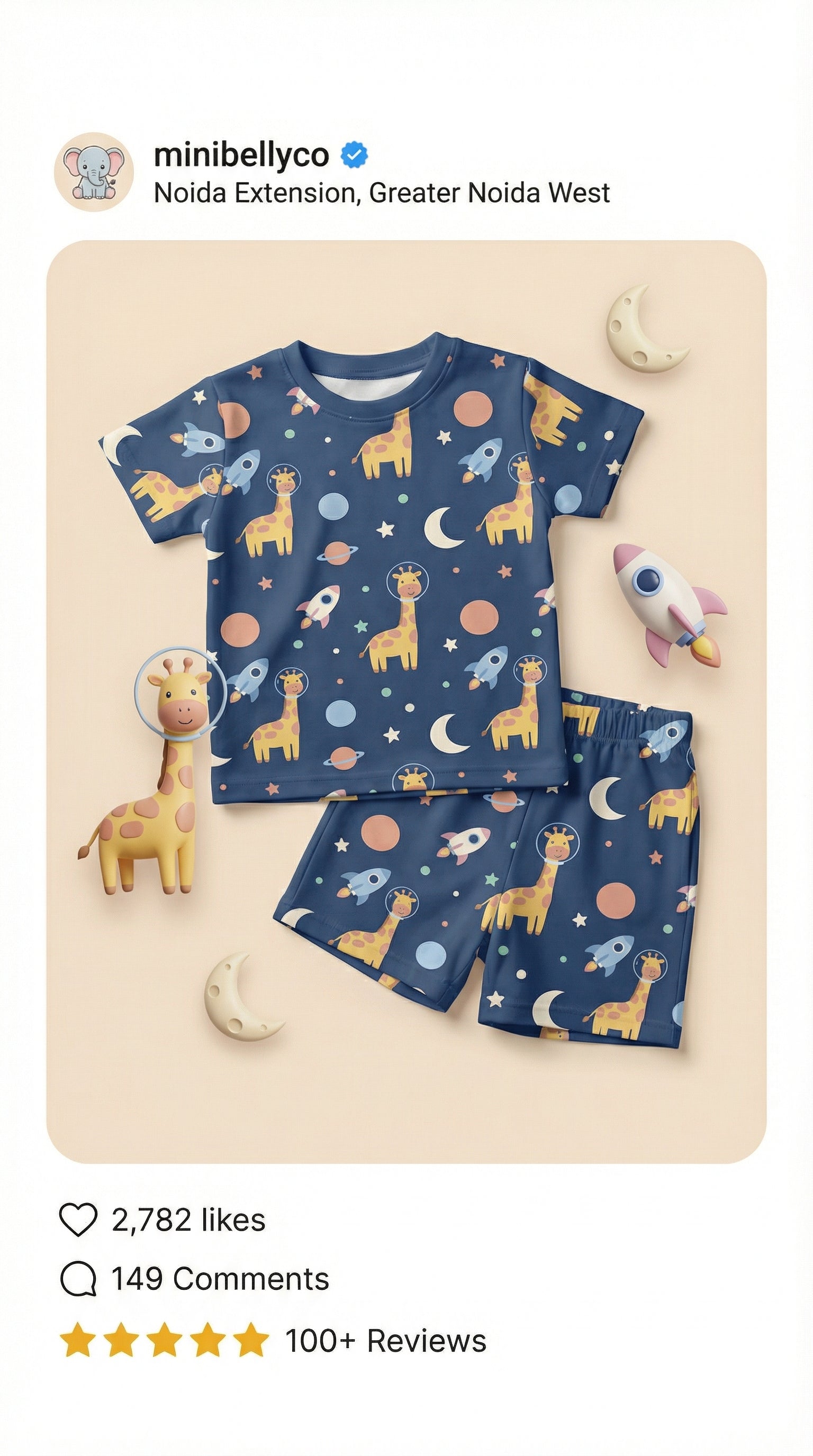 MiniBelly Half Shirt Pant Co-ord Set Cute astronaut giraffes, rockets, moons and planets space pattern 100% Cotton - minibelly