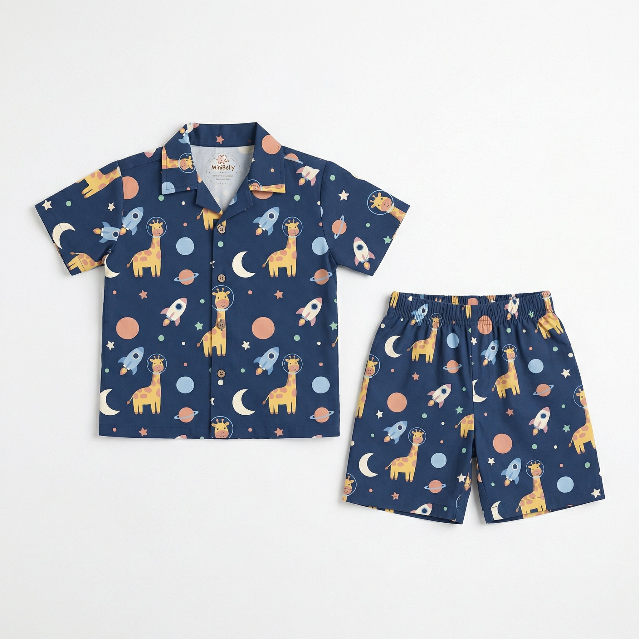 MiniBelly Half Shirt Pant Co-ord Set Cute astronaut giraffes, rockets, moons and planets space pattern 100% Cotton - minibelly