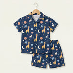 MiniBelly Half Shirt Pant Co-ord Set Cute astronaut giraffes, rockets, moons and planets space pattern 100% Cotton - minibelly