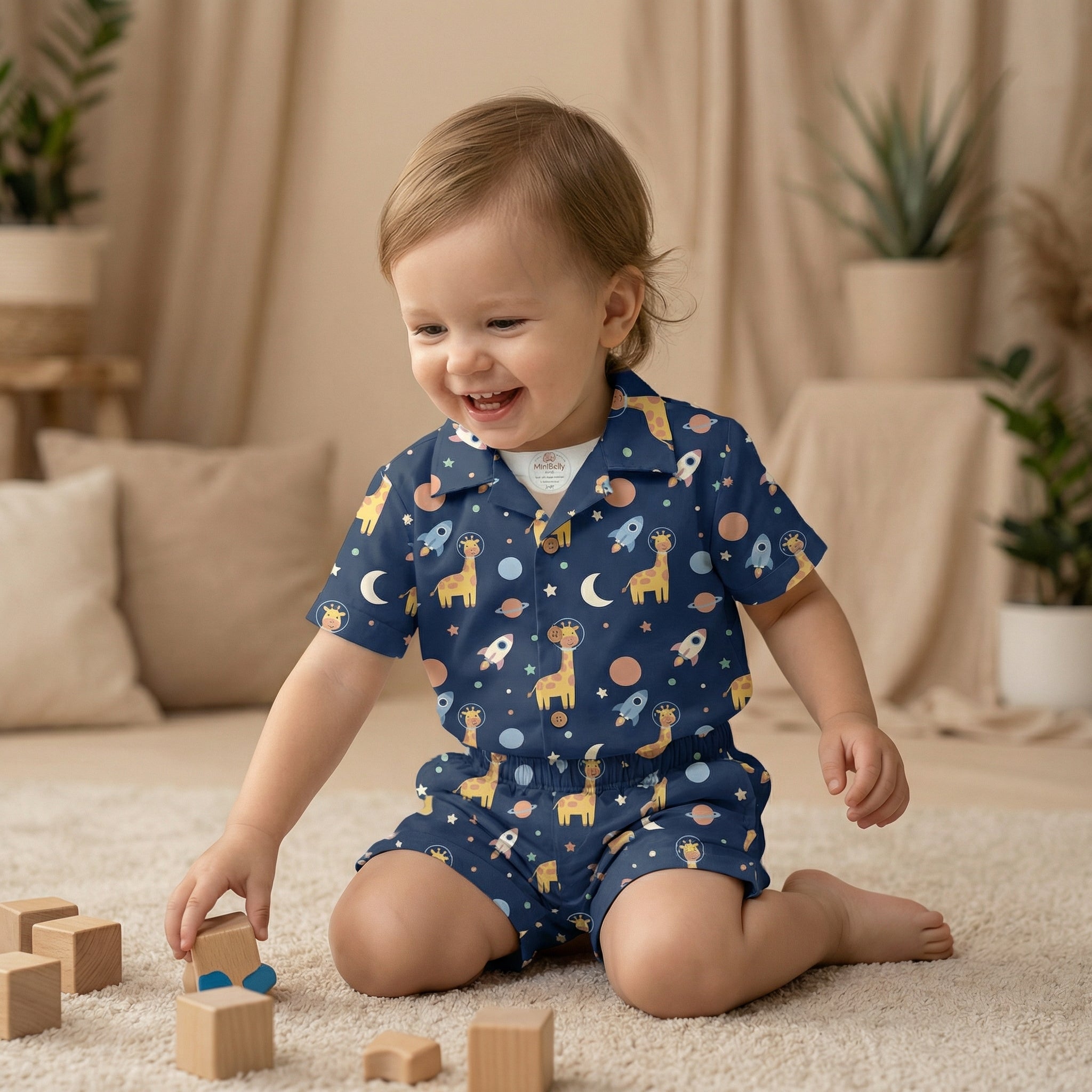 MiniBelly Half Shirt Pant Co-ord Set Cute astronaut giraffes, rockets, moons and planets space pattern 100% Cotton - minibelly