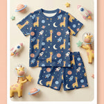 MiniBelly Half Shirt Pant Co-ord Set Cute astronaut giraffes, rockets, moons and planets space pattern 100% Cotton - minibelly