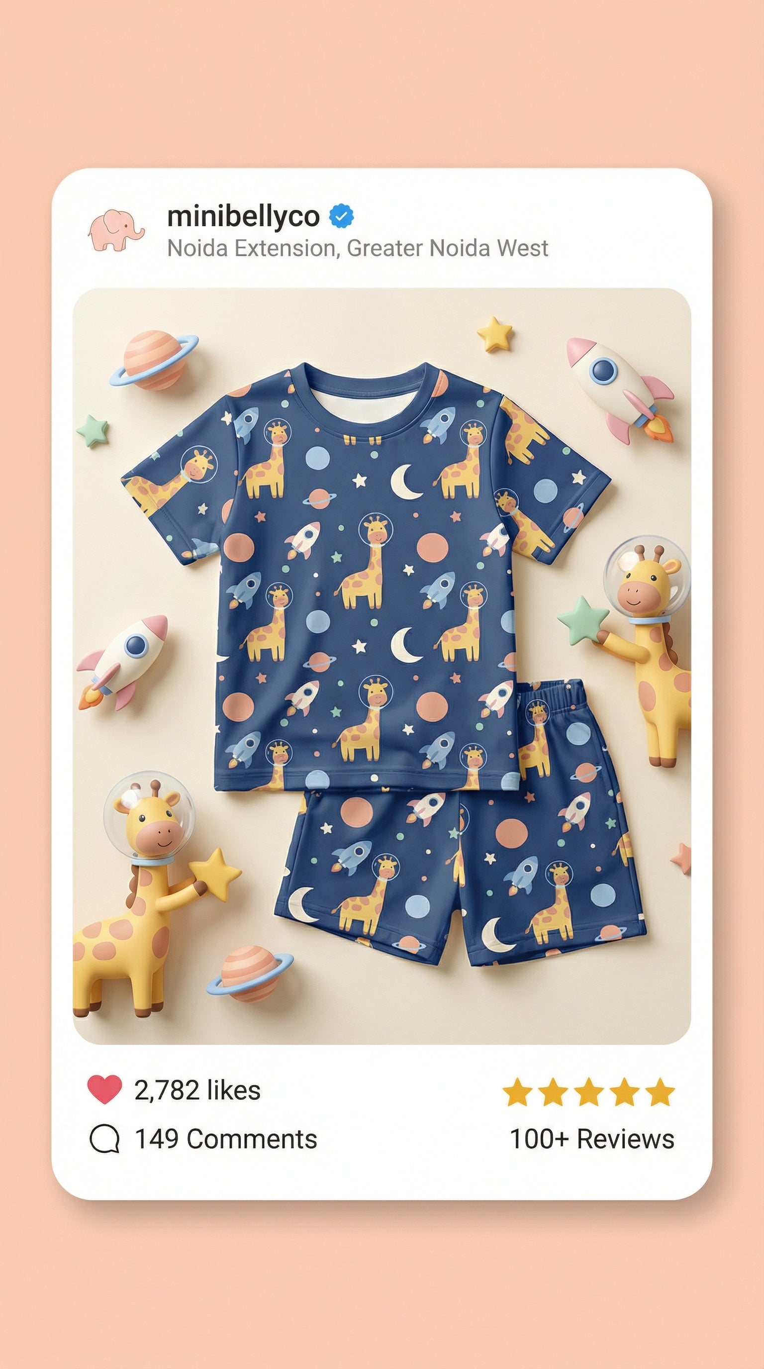 MiniBelly Half Shirt Pant Co-ord Set Cute astronaut giraffes, rockets, moons and planets space pattern 100% Cotton - minibelly