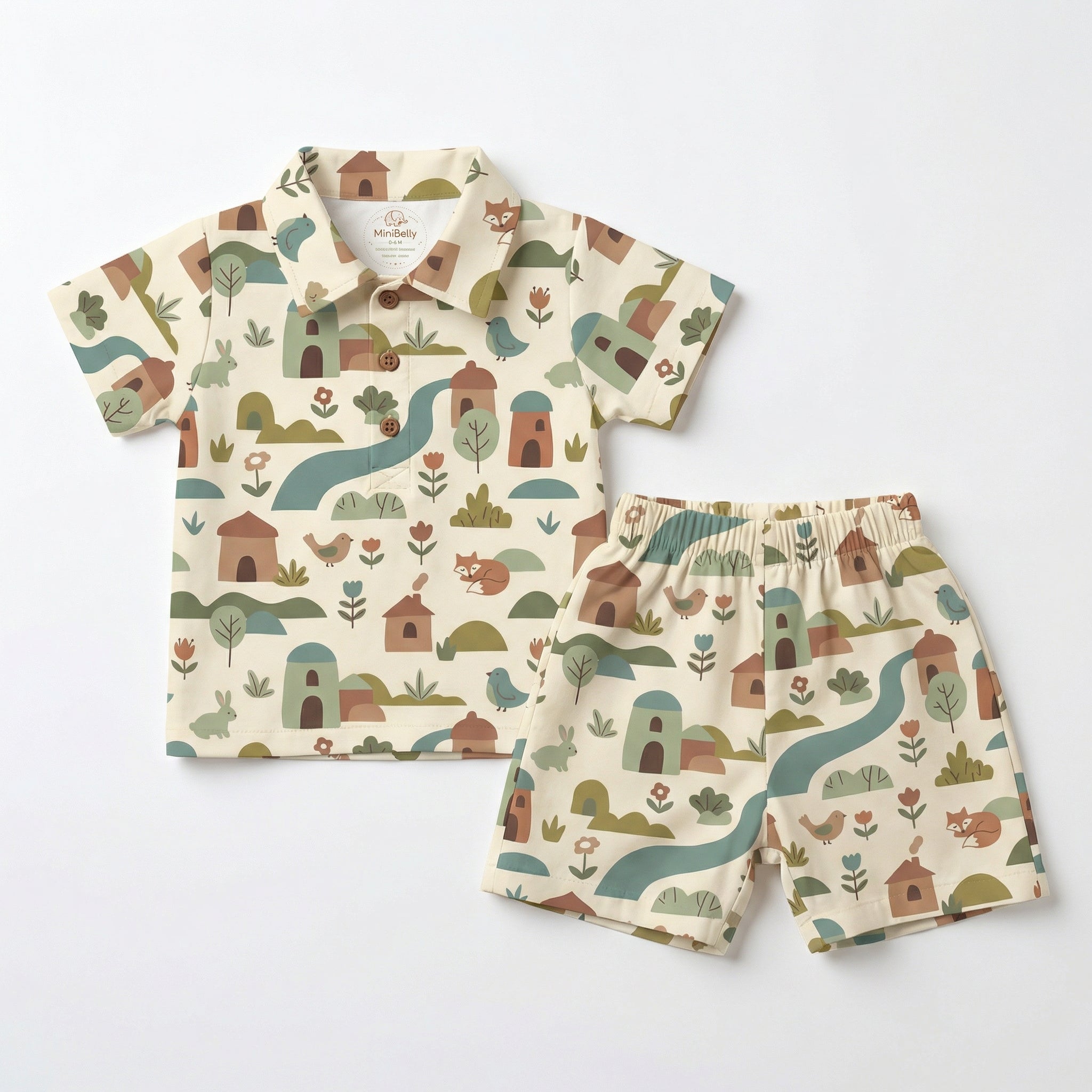 MiniBelly 100% Cotton Half Shirt Pants Set-No Itchy Tags-Soft Fabric-Premium Print-Solid-Cream-For Infants - minibelly
