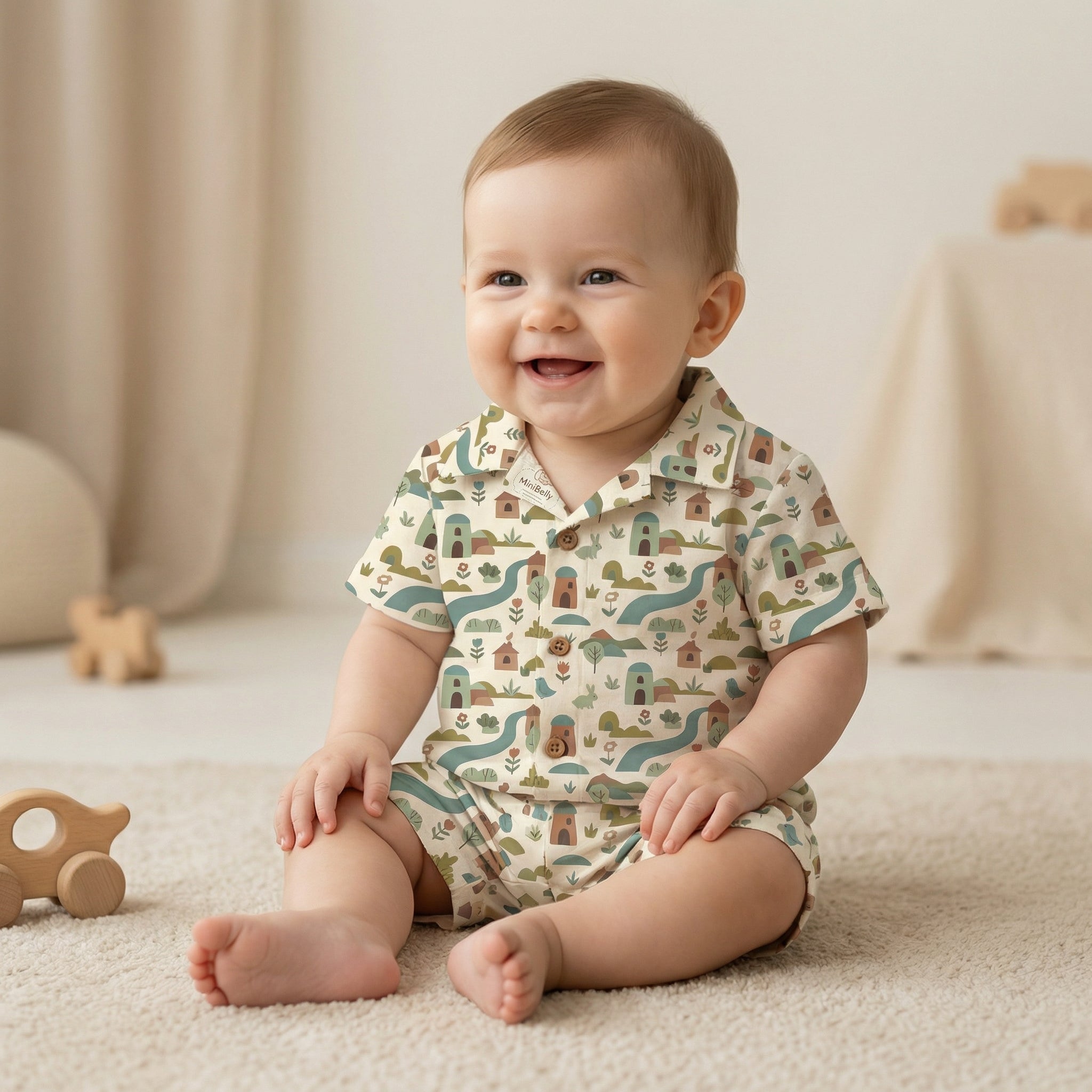 MiniBelly 100% Cotton Half Shirt Pants Set-No Itchy Tags-Soft Fabric-Premium Print-Solid-Cream-For Infants - minibelly