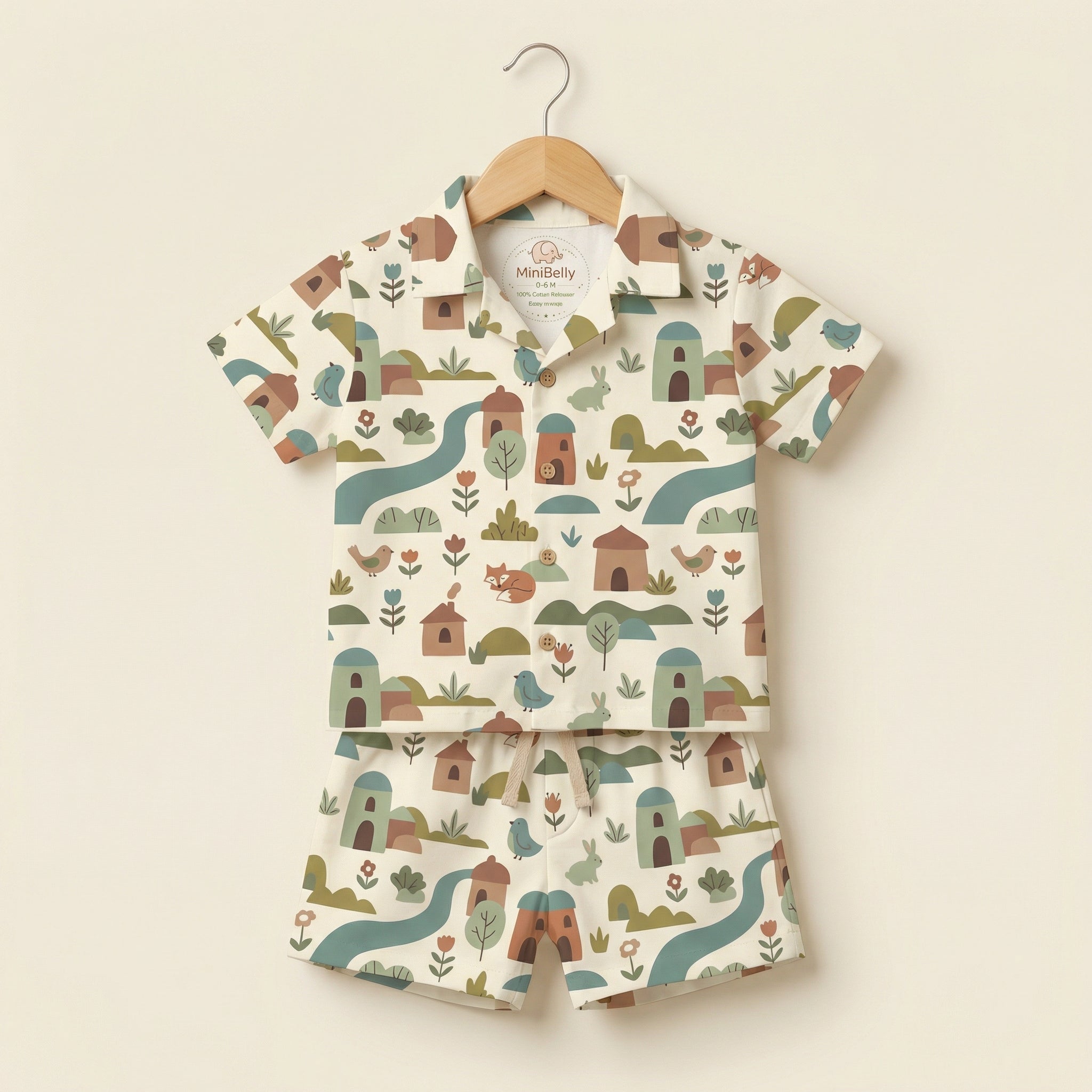 MiniBelly 100% Cotton Half Shirt Pants Set-No Itchy Tags-Soft Fabric-Premium Print-Solid-Cream-For Infants - minibelly