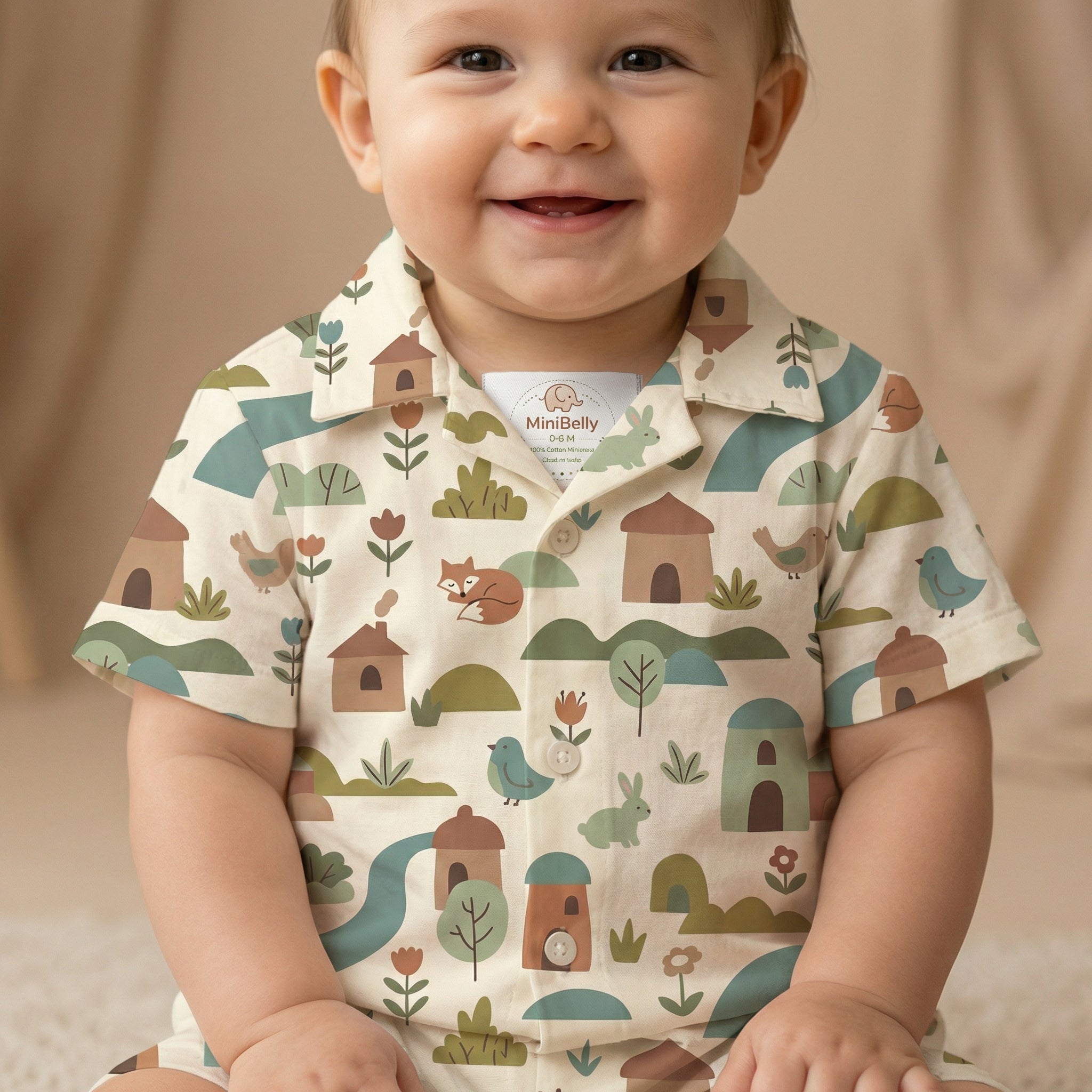 MiniBelly 100% Cotton Half Shirt Pants Set-No Itchy Tags-Soft Fabric-Premium Print-Solid-Cream-For Infants - minibelly