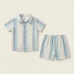 MiniBelly Half Shirt Pant Co-ord Set Vertical irregular watercolor stripes in blue and cream 100% Cotton - minibelly