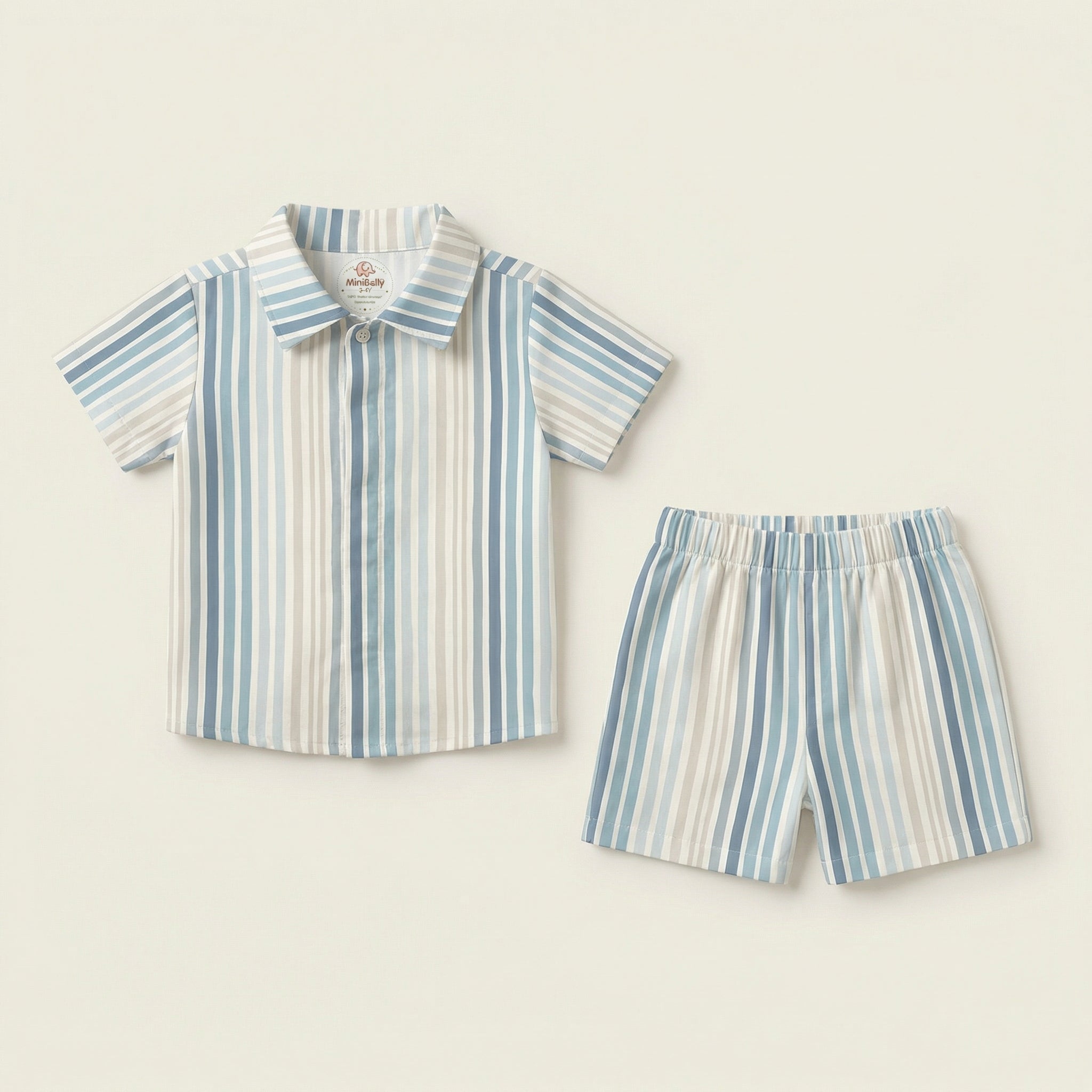 MiniBelly Half Shirt Pant Co-ord Set Vertical irregular watercolor stripes in blue and cream 100% Cotton - minibelly