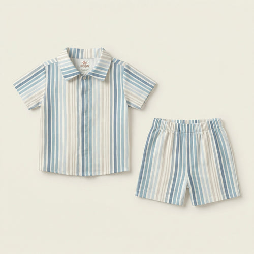 MiniBelly Half Shirt Pant Co-ord Set Vertical irregular watercolor stripes in blue and cream 100% Cotton - minibelly