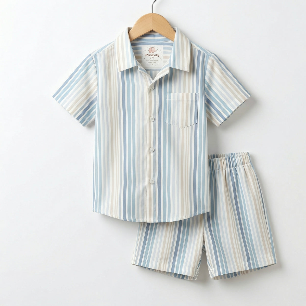 MiniBelly Half Shirt Pant Co-ord Set Vertical irregular watercolor stripes in blue and cream 100% Cotton - minibelly