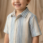 MiniBelly Half Shirt Pant Co-ord Set Vertical irregular watercolor stripes in blue and cream 100% Cotton - minibelly